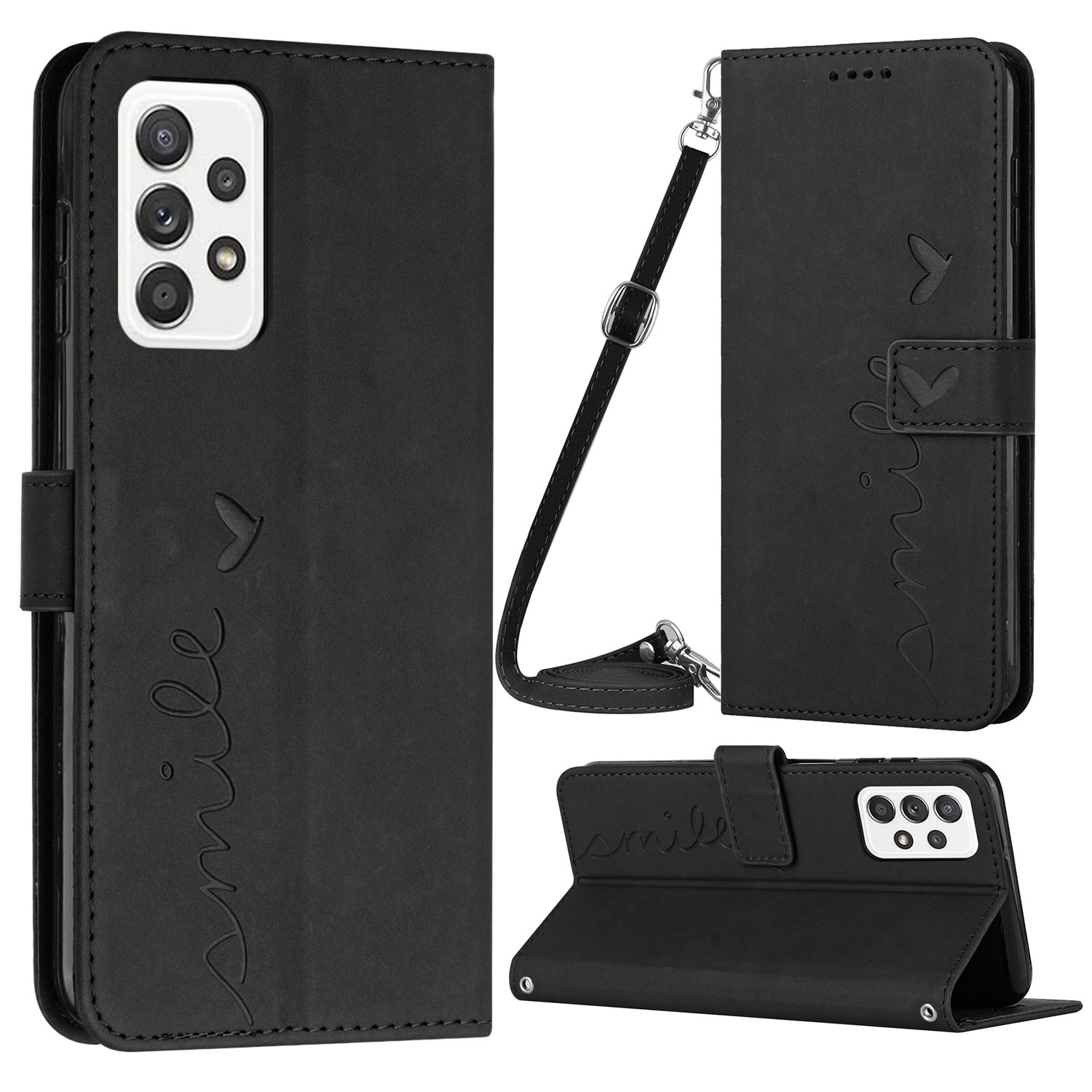 

For Samsung Galaxy A73 5G Heart Shape Imprinted Wallet Adjustable Stand Case Skin-touch Feeling PU Leather Phone Cover with Shoulder Strap - Black, Samsung Galaxy A73 5G