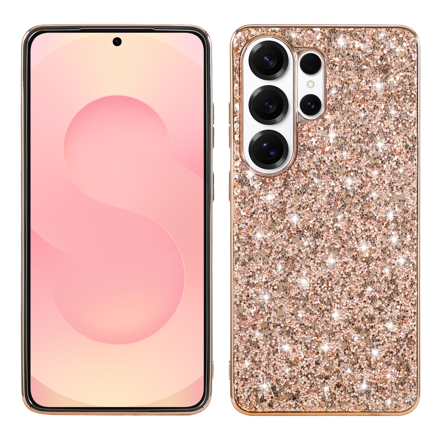 For Samsung Galaxy S26 Ultra Case Electroplating TPU + PC Sparkling Glitter Phone Back Cover - Rose Gold