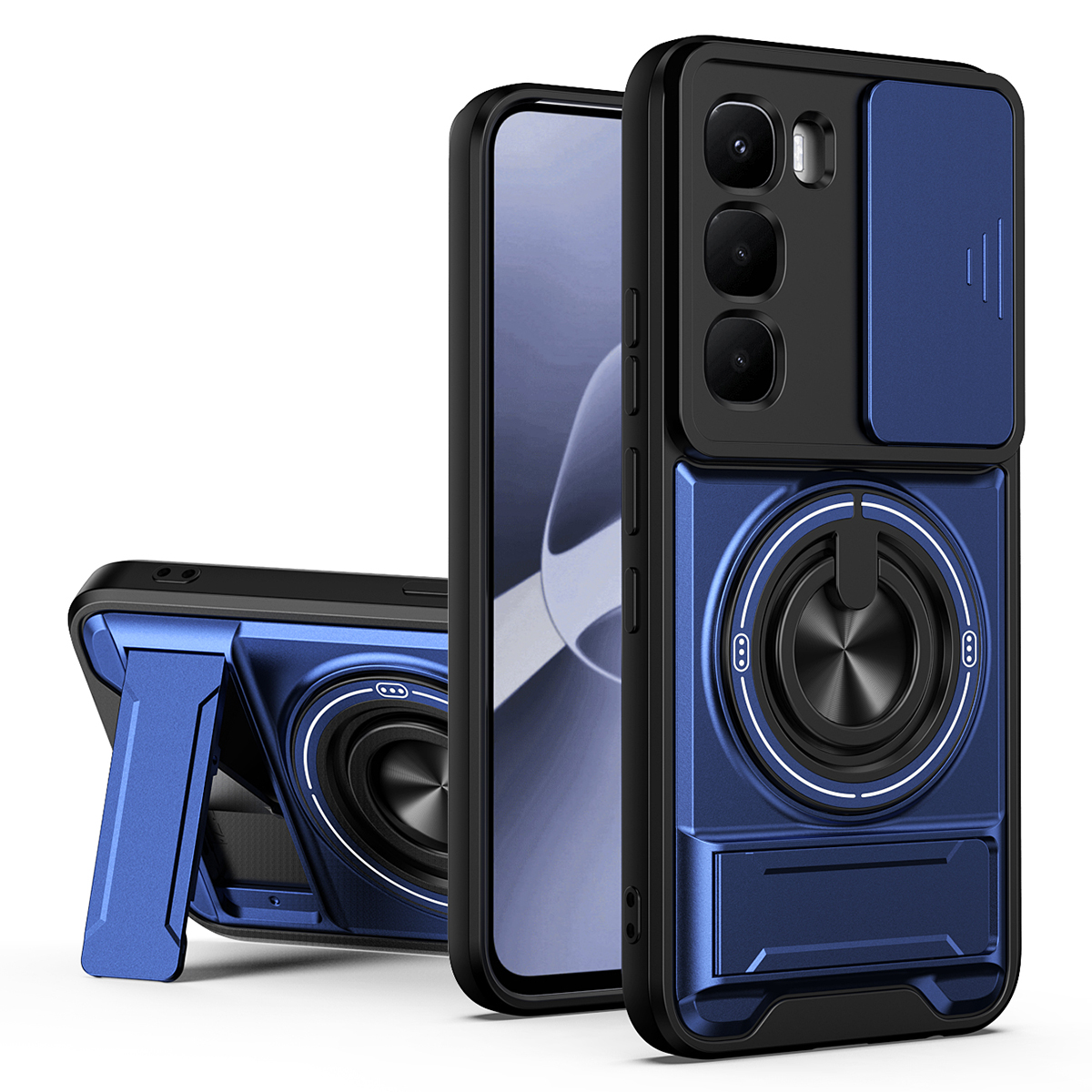 For Infinix Hot 60 Pro 4G Magnetic Case Ring Holder Foldable Kickstand TPU PC Phone Cover with Camera Lens Slider - Blue