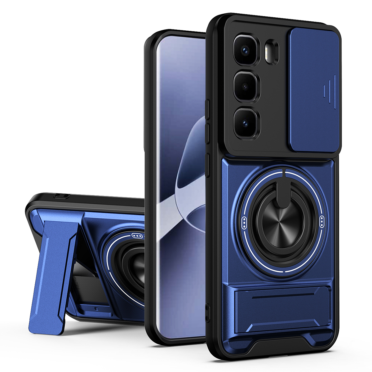 For Infinix Hot 60 Pro+ 4G Magnetic Case Ring Holder Foldable Kickstand TPU PC Phone Cover with Camera Lens Slider - Blue