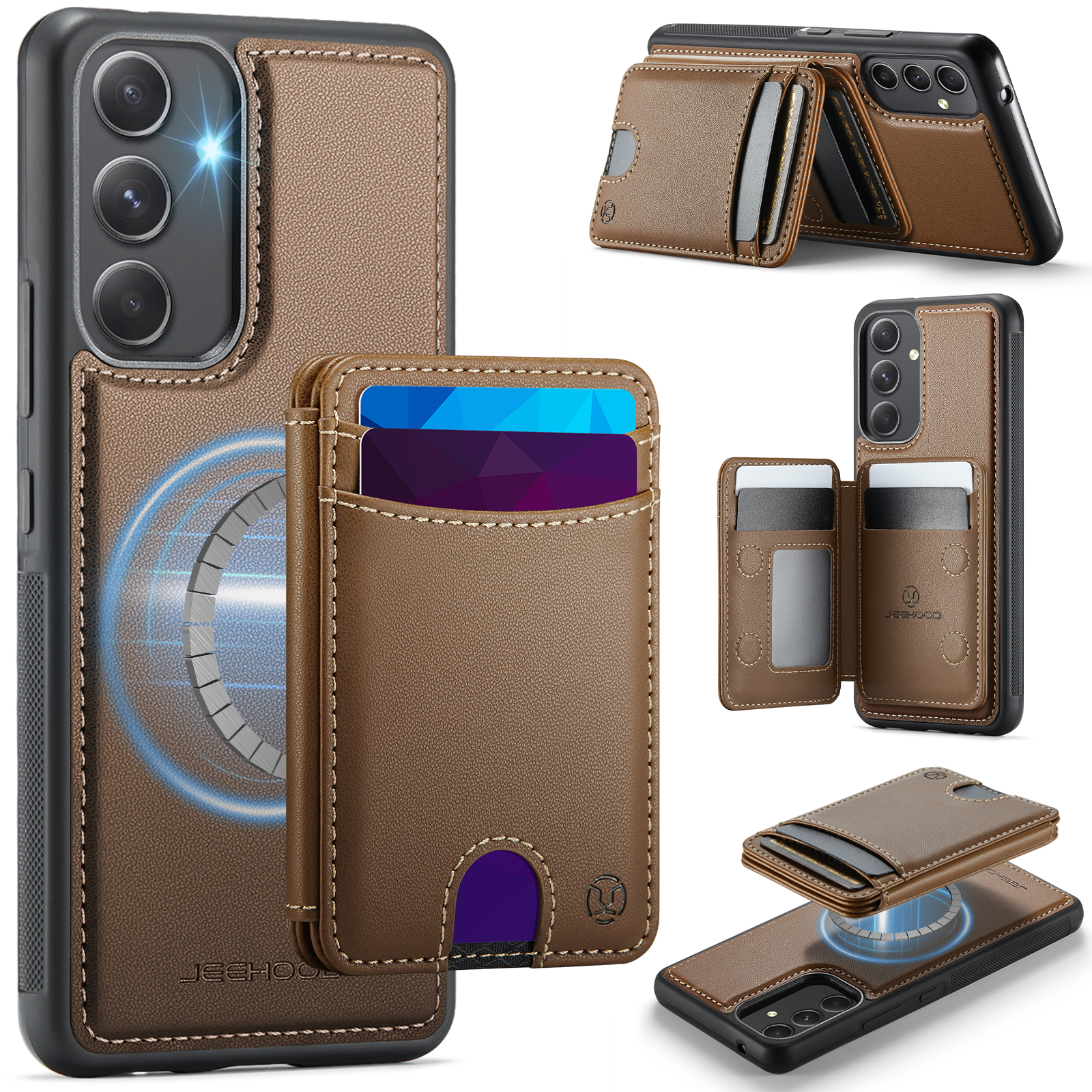 JEEHOOD For Samsung Galaxy A54 5G Magnetic Case  J10 Leather Back Phone Cover with Detachable Card Holder Kickstand - Brown