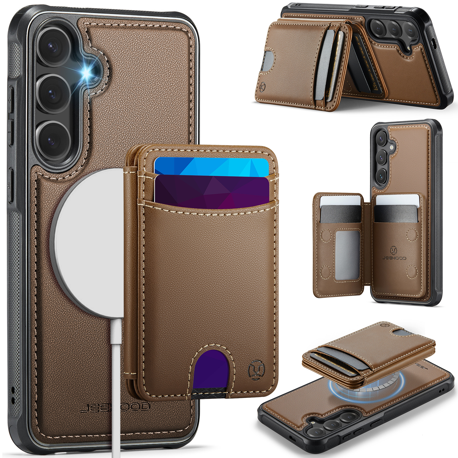 JEEHOOD For Samsung Galaxy S26 Magnetic Case  J10 Leather Back Phone Cover with Detachable Card Holder Kickstand - Brown