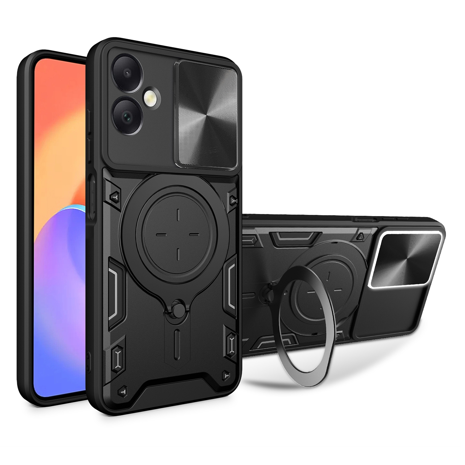 For Samsung Galaxy A06 4G Case TPU + PC Phone Cover with Kickstand , Slide Lens Window - Black
