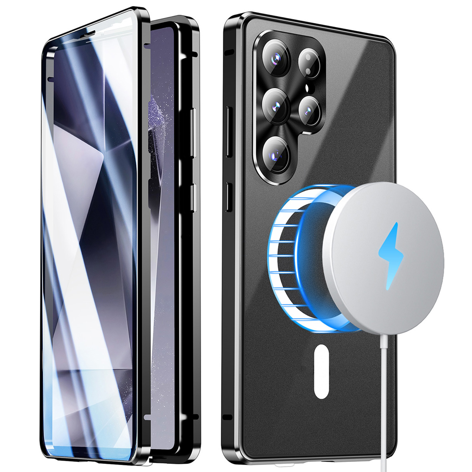 For Samsung Galaxy S26 Ultra Magnetic Case Tempered Glass + Matte PC Phone Cover with Metal Frame - Black