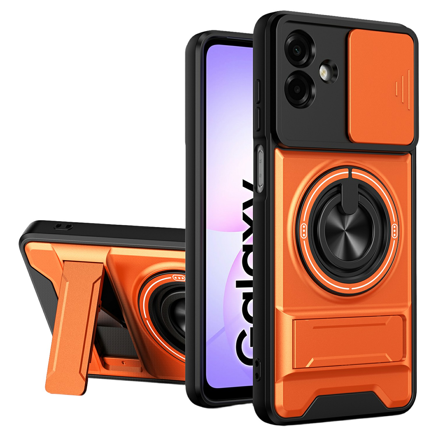 For Samsung Galaxy A07 5G / A07 4G Magnetic Case Ring Holder Foldable Kickstand TPU PC Phone Cover with Camera Lens Slider - Orange