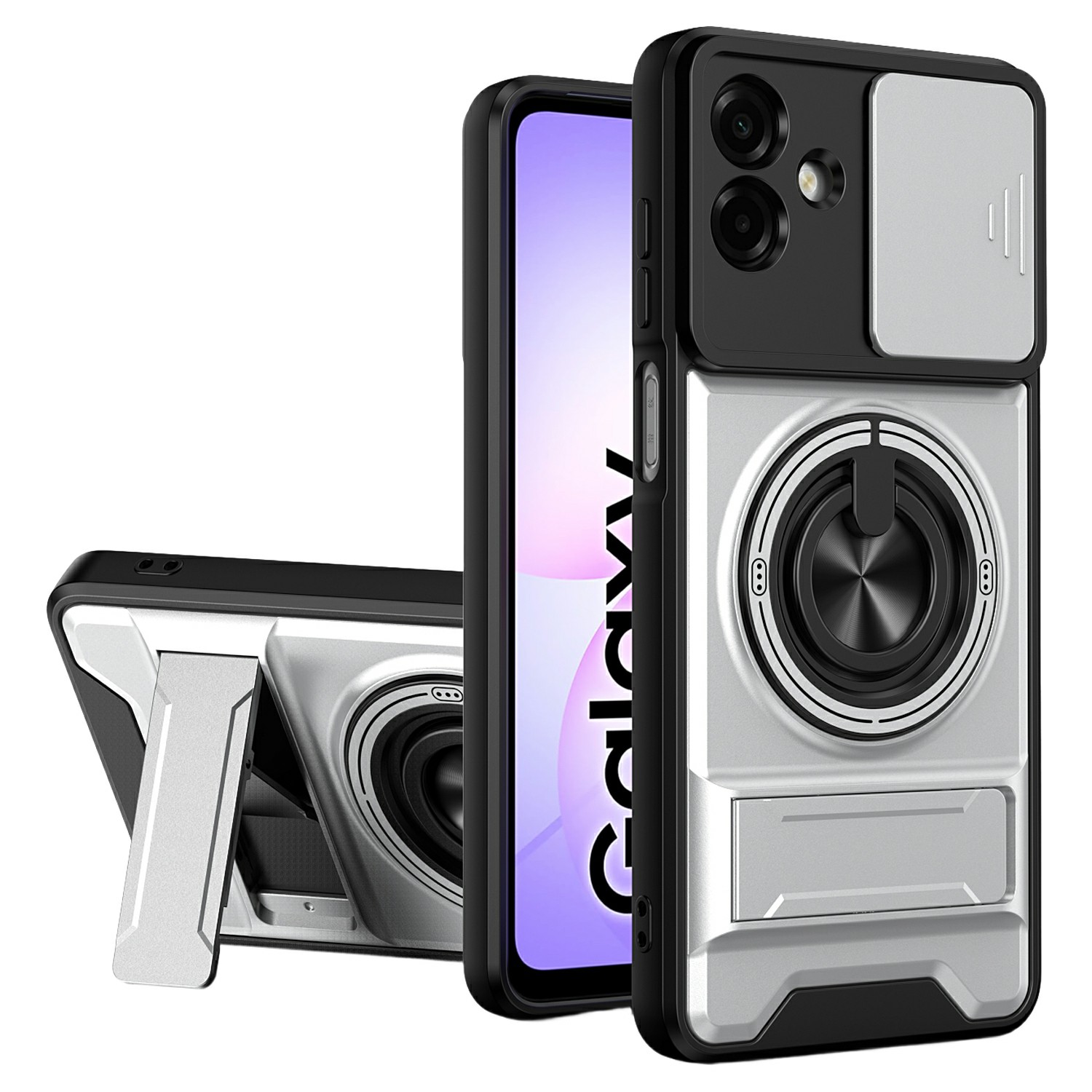 For Samsung Galaxy A07 5G / A07 4G Magnetic Case Ring Holder Foldable Kickstand TPU PC Phone Cover with Camera Lens Slider - Silver