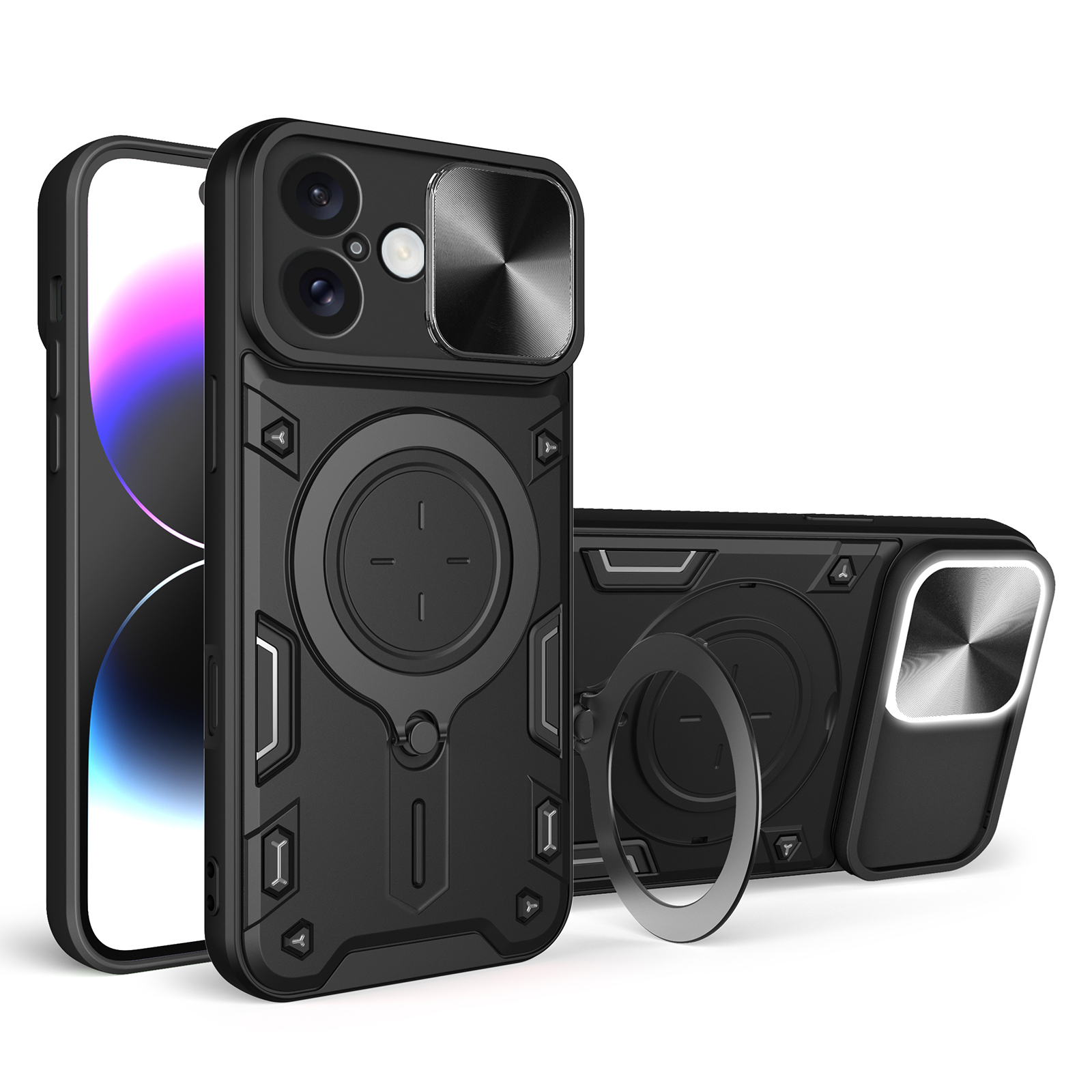 For iPhone 16 Case TPU + PC Phone Cover with Kickstand , Slide Lens Window - Black