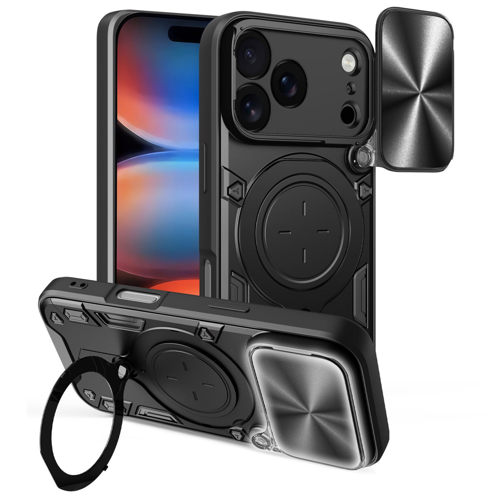 For iPhone 17 Pro Case TPU + PC Phone Cover with Kickstand , Slide Lens Window - Black