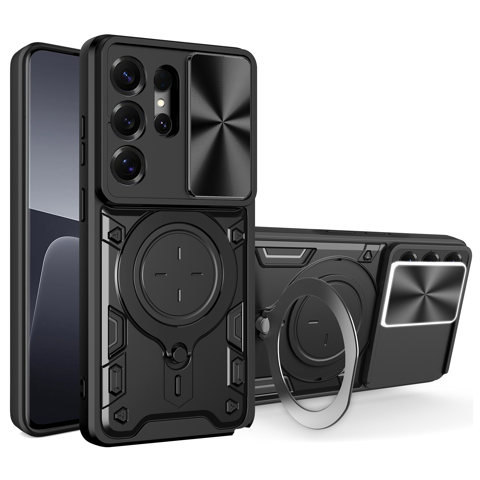 For Samsung Galaxy S26 Ultra Case TPU + PC Phone Cover with Kickstand , Slide Lens Window - Black