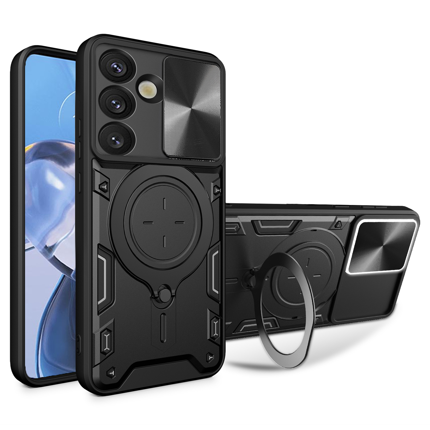 For Samsung Galaxy S25+ Case TPU + PC Phone Cover with Kickstand , Slide Lens Window - Black