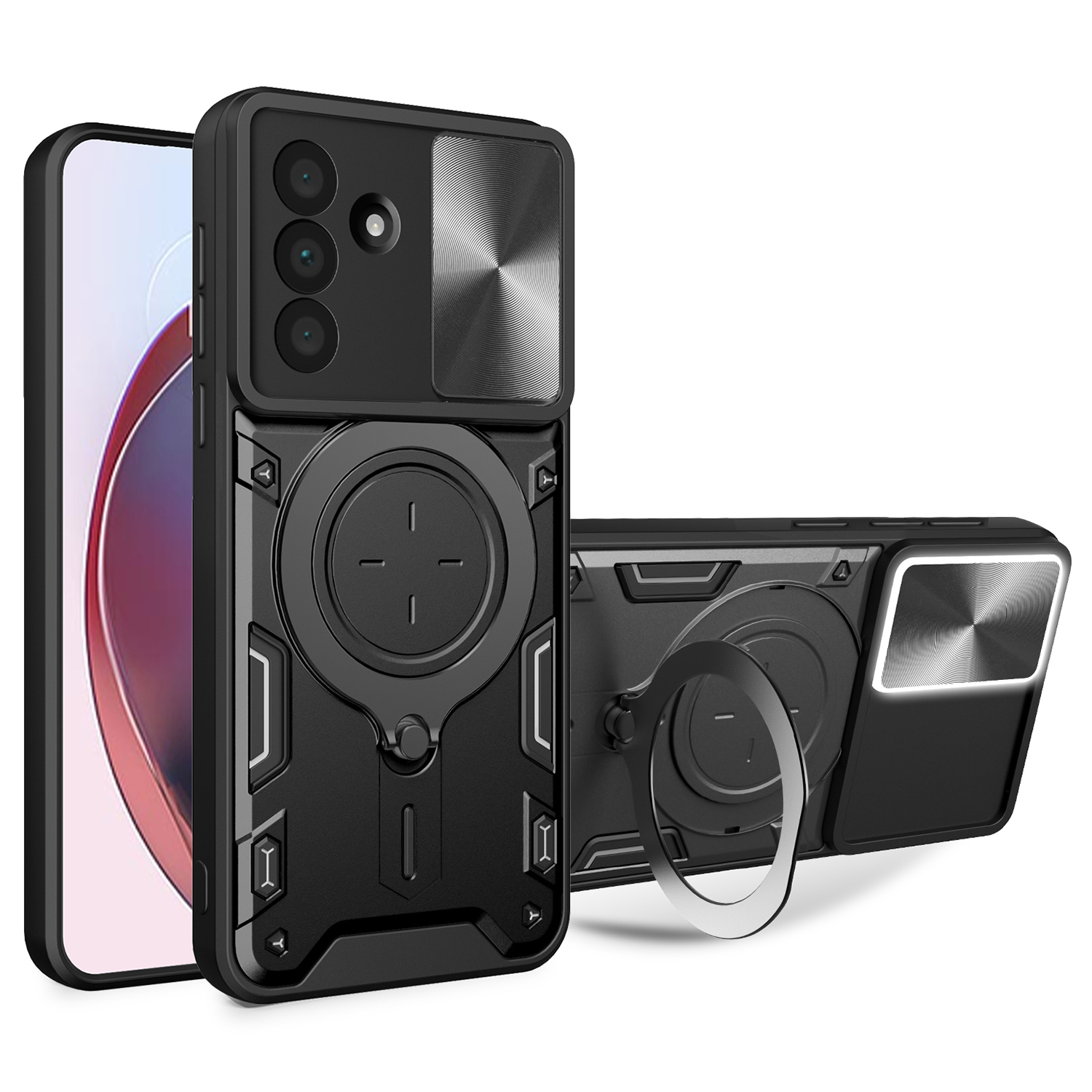 For Samsung Galaxy A17 4G / A17 5G Case TPU + PC Phone Cover with Kickstand , Slide Lens Window - Black