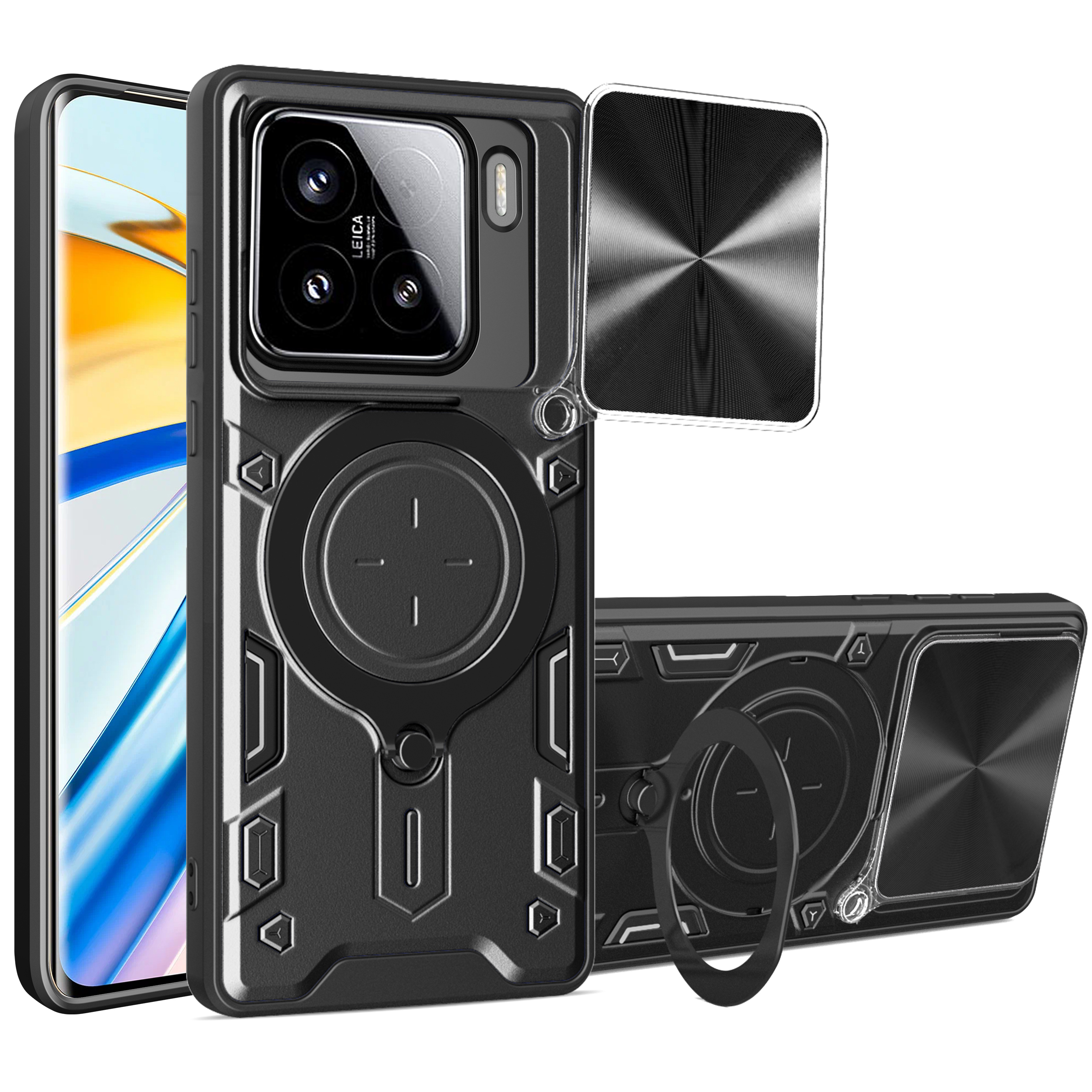 For Xiaomi 15 Case TPU + PC Phone Cover with Kickstand , Slide Lens Window - Black