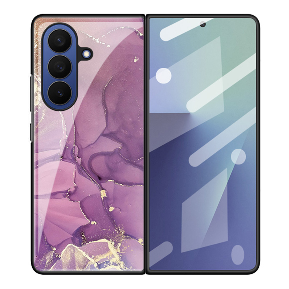 For Samsung Galaxy Z Fold7 5G Case Marble Pattern TPU PC Tempered Glass Anti-drop Phone Cover - Noble Purple Marble