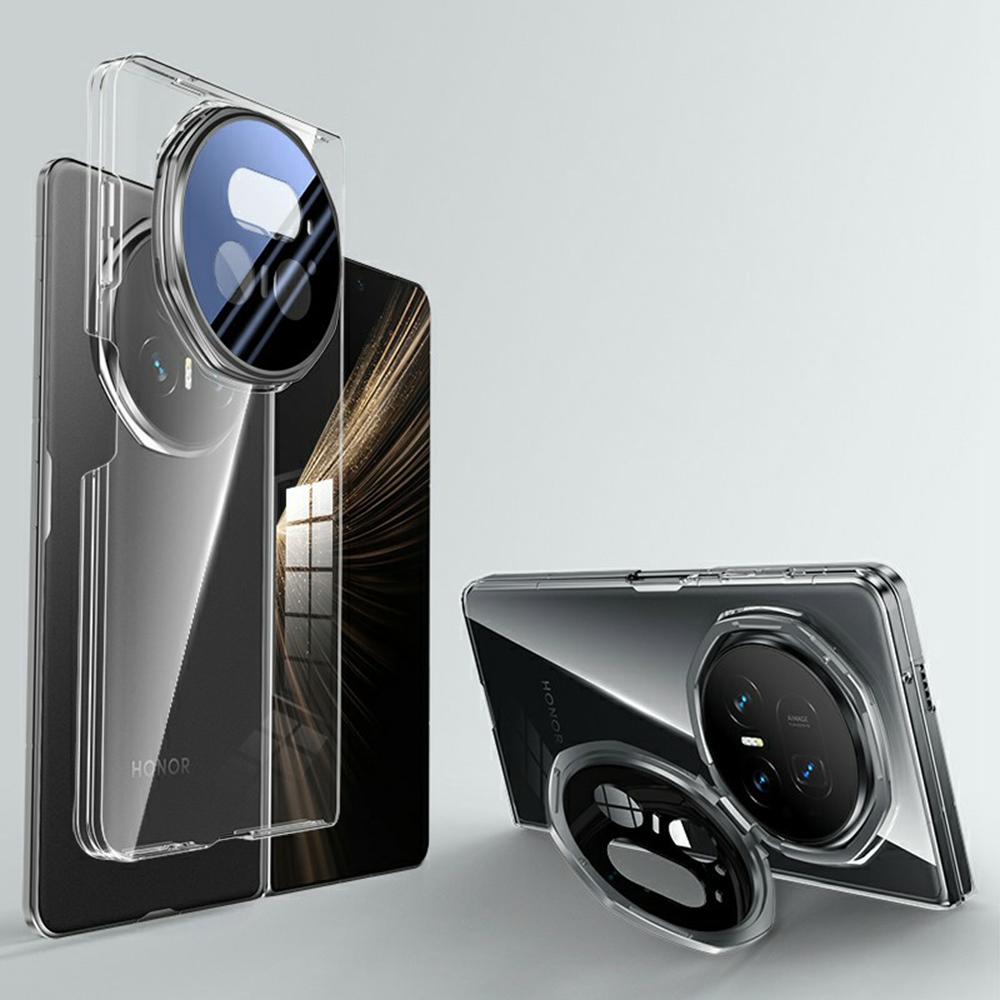 For Honor Magic V5 5G Clear Case PC Phone Cover with Metal Tempered Glass Lens Protector Kickstand - Black