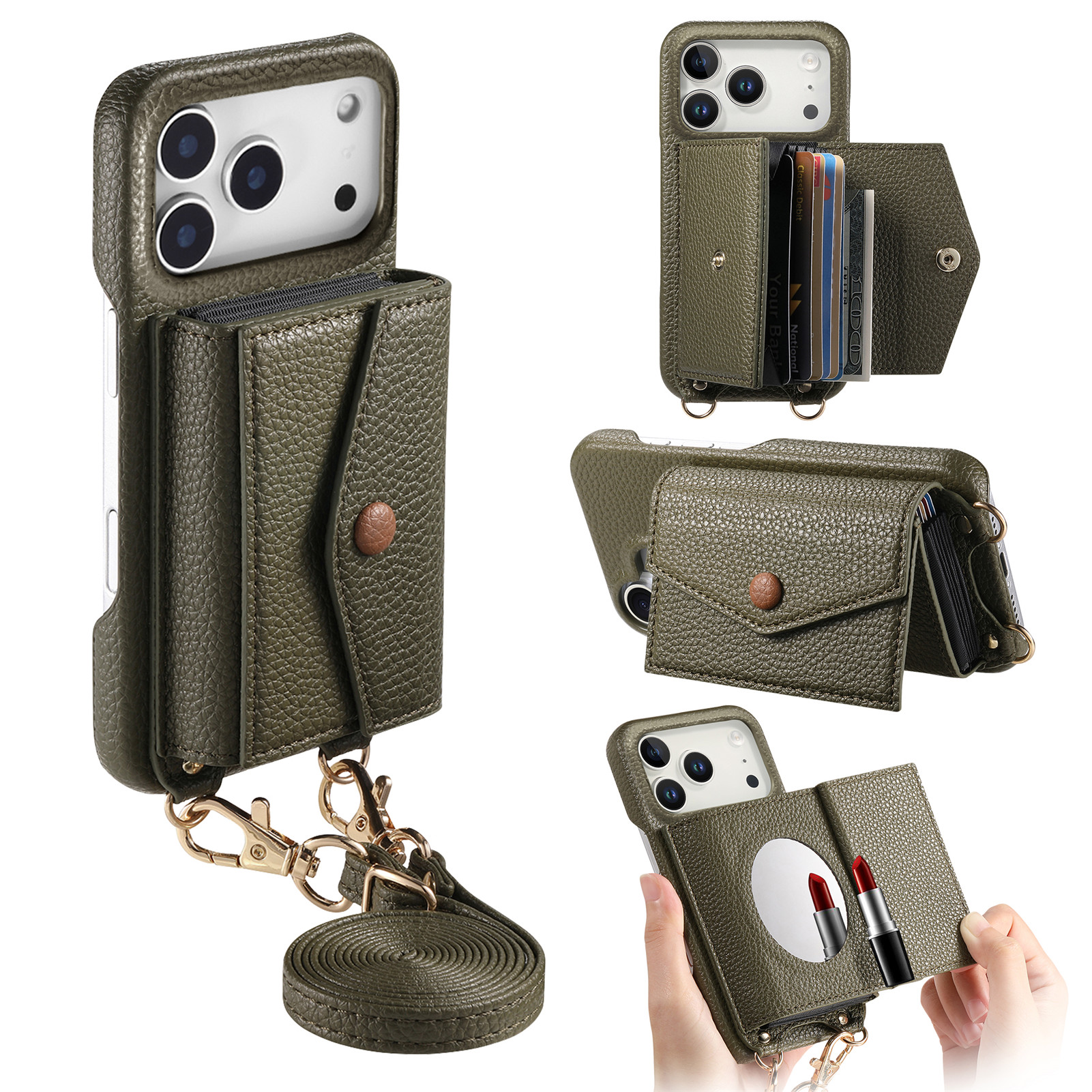 For iPhone 17 Pro Case Card Holder Kickstand PU Leather + PC Phone Cover with Mirror and Crossbody Lanyard - Midnight Green