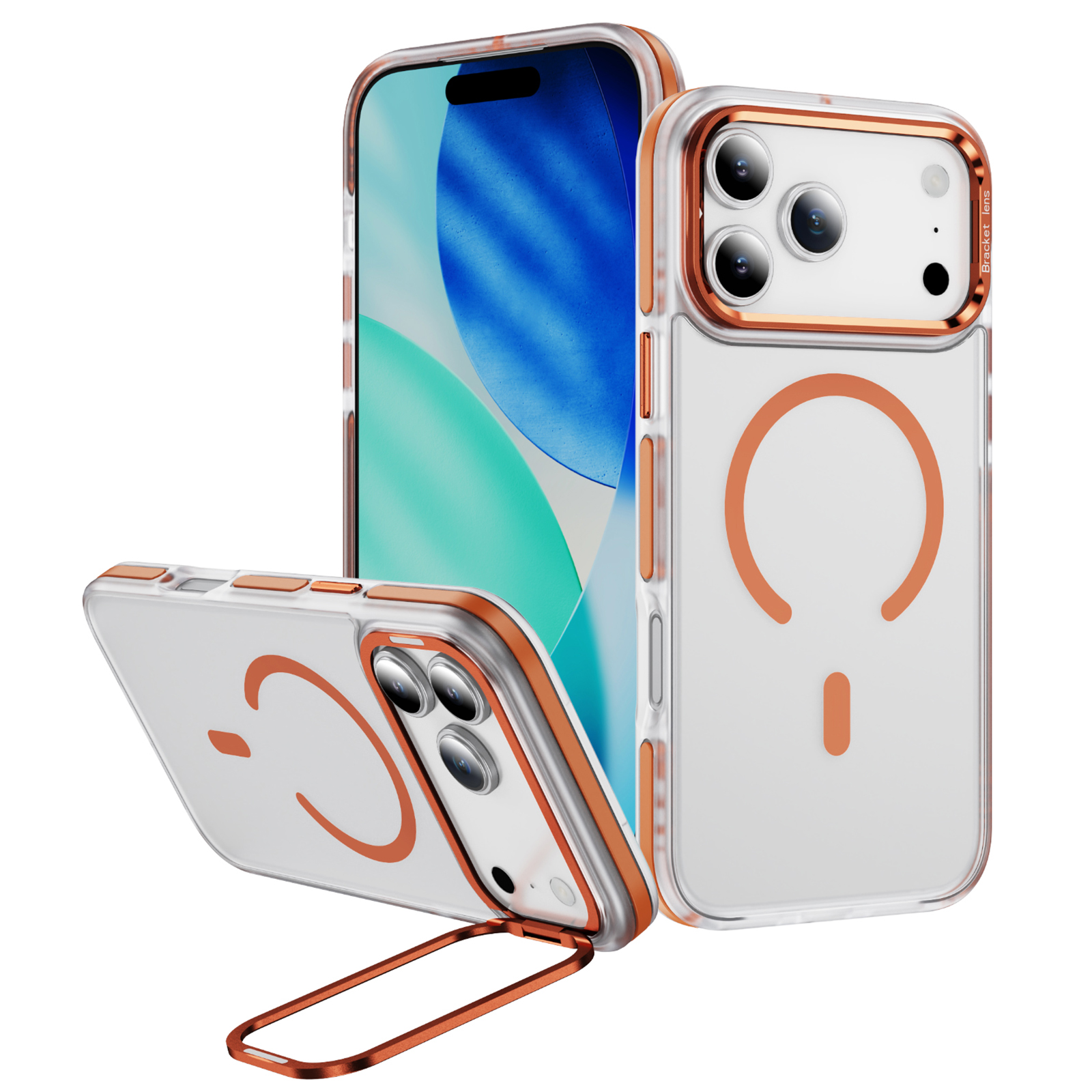 For iPhone 17 Pro Case Compatible with MagSafe Metal Lens Frame Kickstand Skin Touch Acrylic TPU Phone Cover - Orange