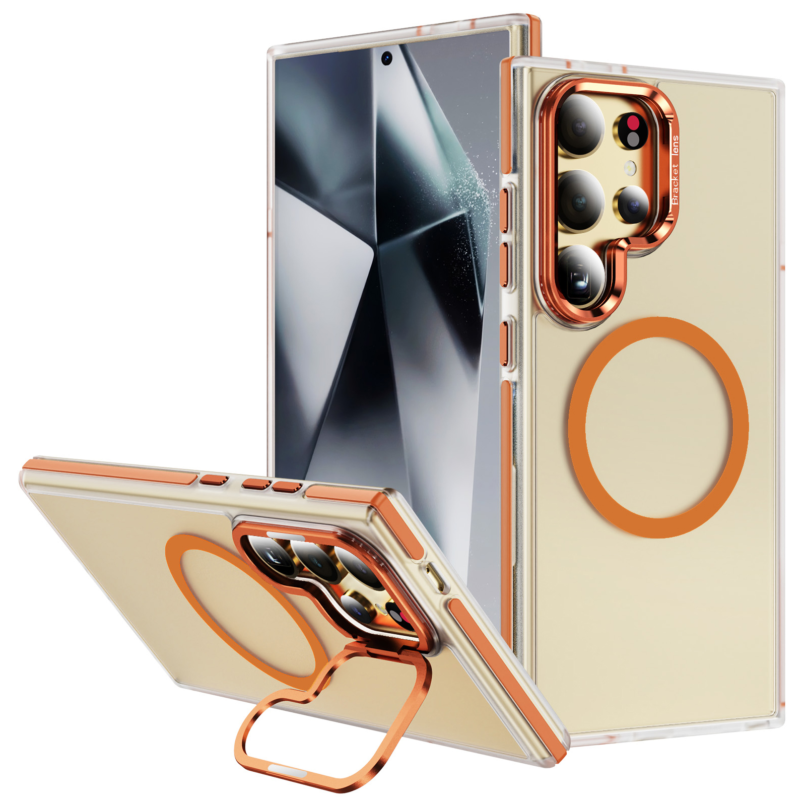 For Samsung Galaxy S25 Ultra Magnetic Case Metal Lens Frame Kickstand Skin Touch Acrylic TPU Phone Cover - Orange