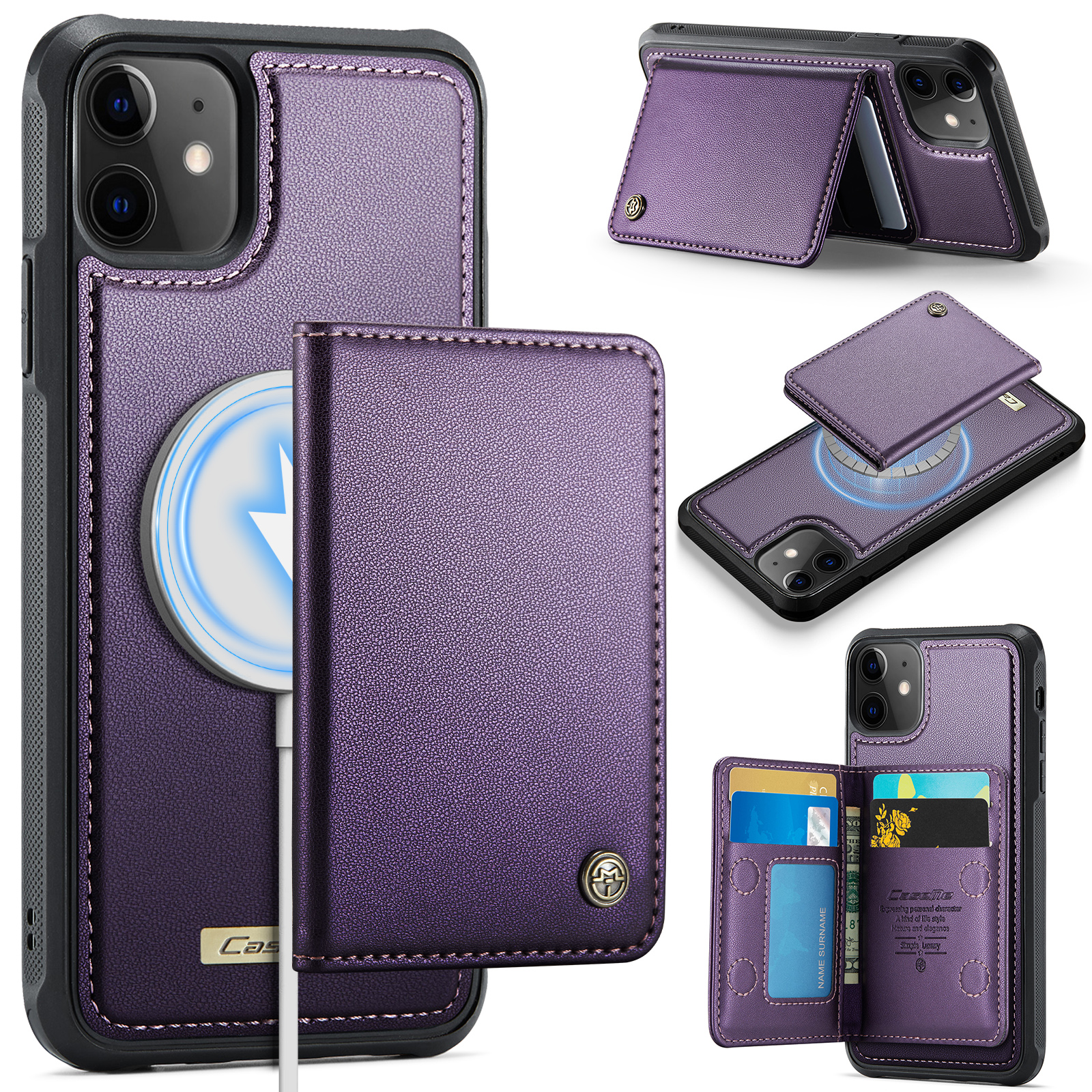 CASEME For iPhone 11 Magnetic Case  ME80 Series Leather PC TPU Phone Cover with Detachable Wallet - Purple