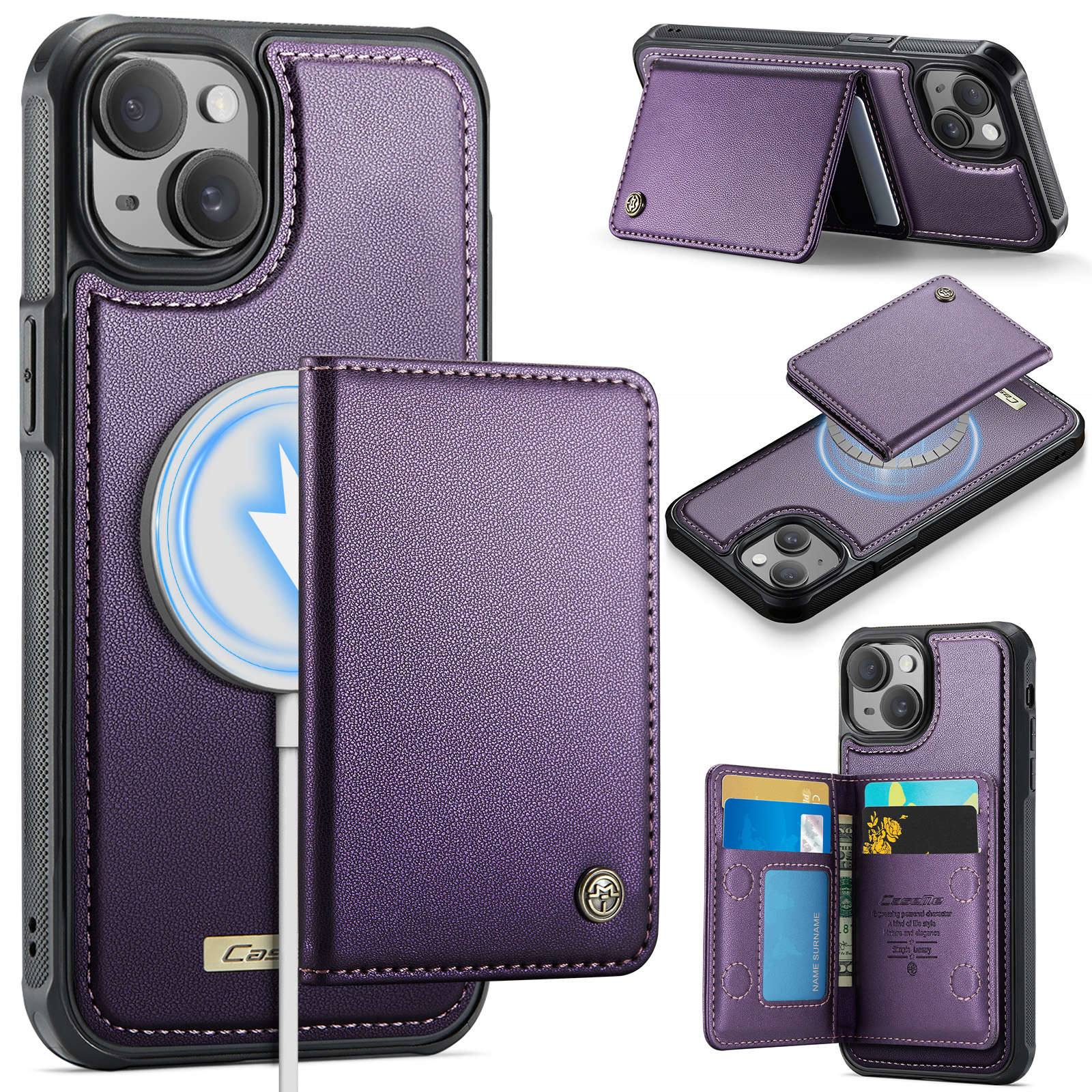 CASEME For iPhone 15 Magnetic Case  ME80 Series Leather PC TPU Phone Cover with Detachable Wallet - Purple