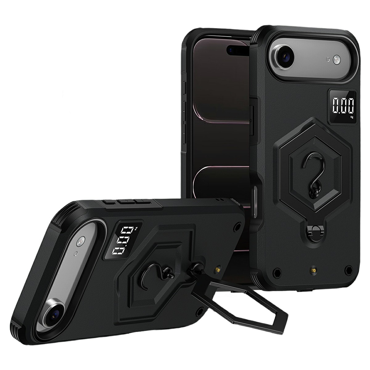 For iPhone Air Case Hexagonal Kickstand Shockproof TPU PC Matte Phone Cover with Integrated Scale Hook - Black