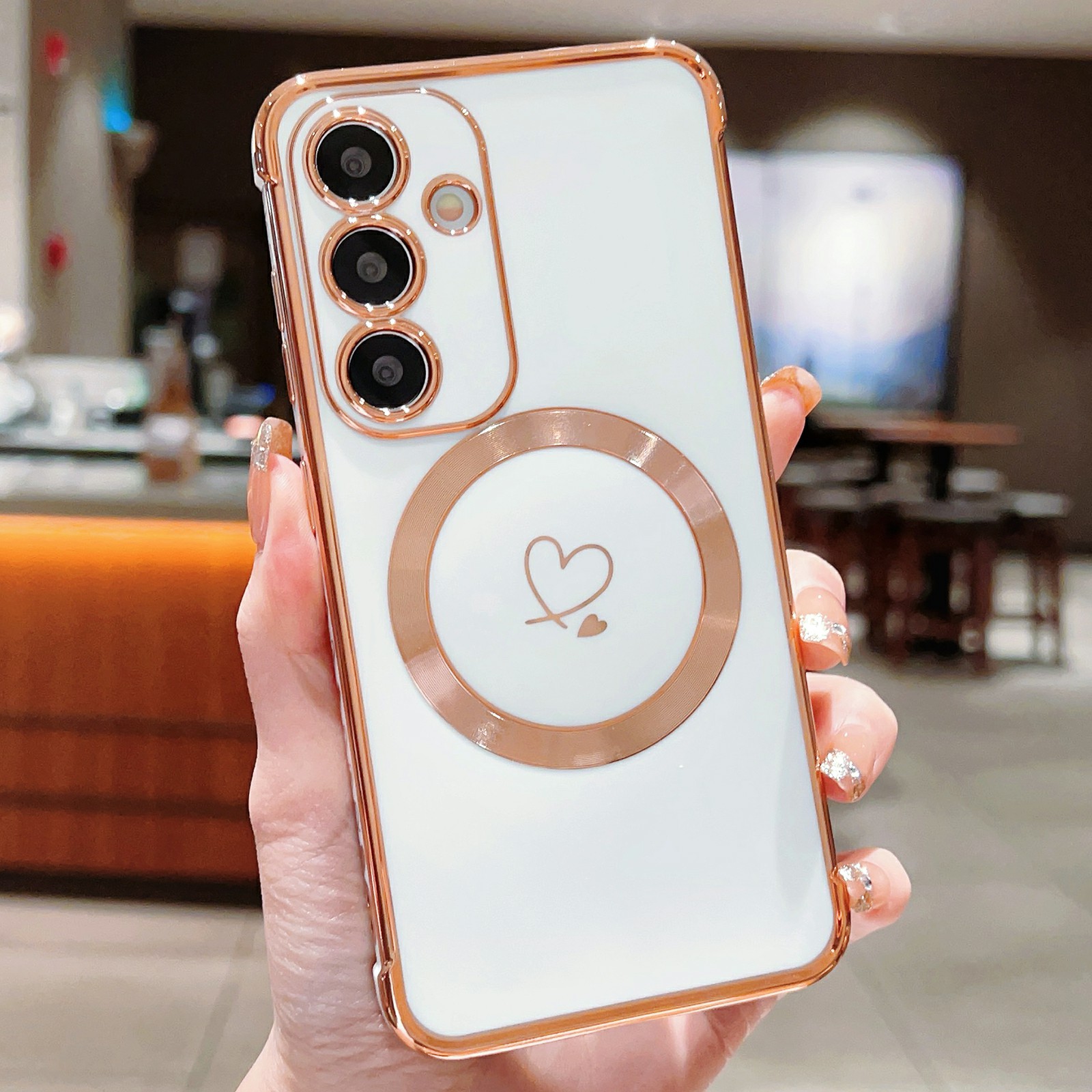 For Samsung Galaxy S26 Magnetic Case Electroplated TPU Phone Cover Hollow Love Hearts - Ivory White