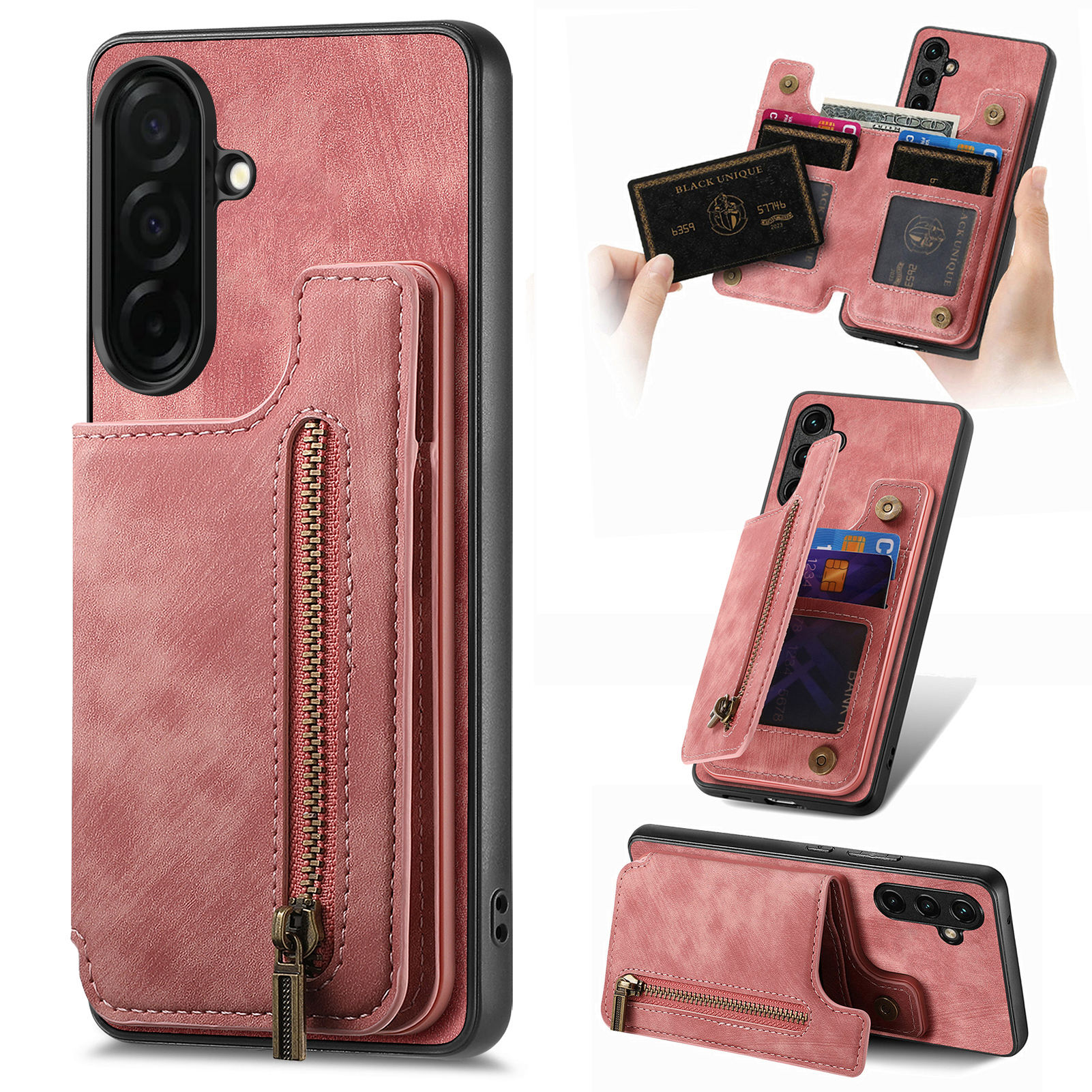 For Samsung Galaxy S26 Case with Zipper Card Holder Retro Leather TPU Phone Cover - Pink