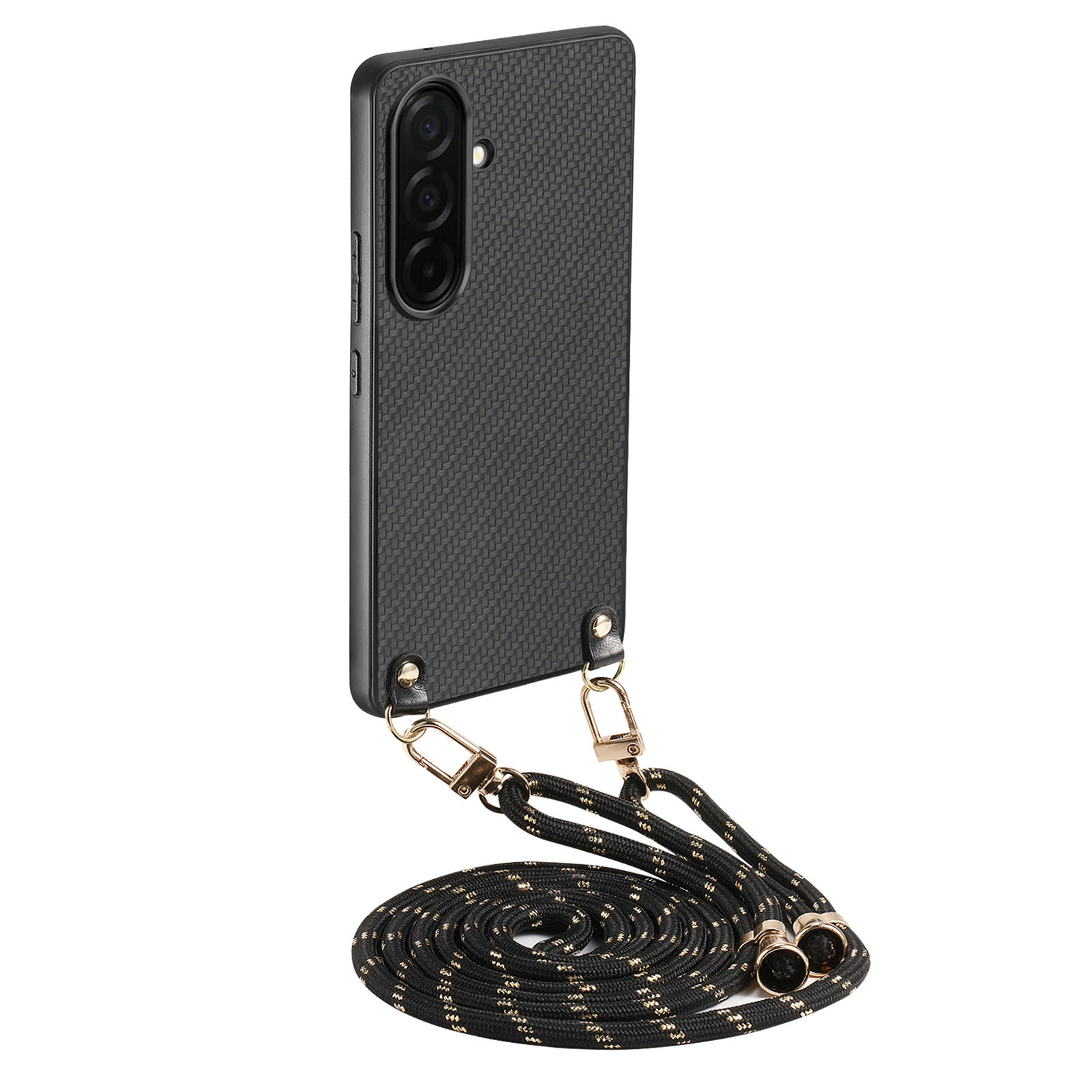 For Samsung Galaxy S26 Case Carbon Fiber Texture Hybrid Phone Back Cover with Adjustable Strap - Black