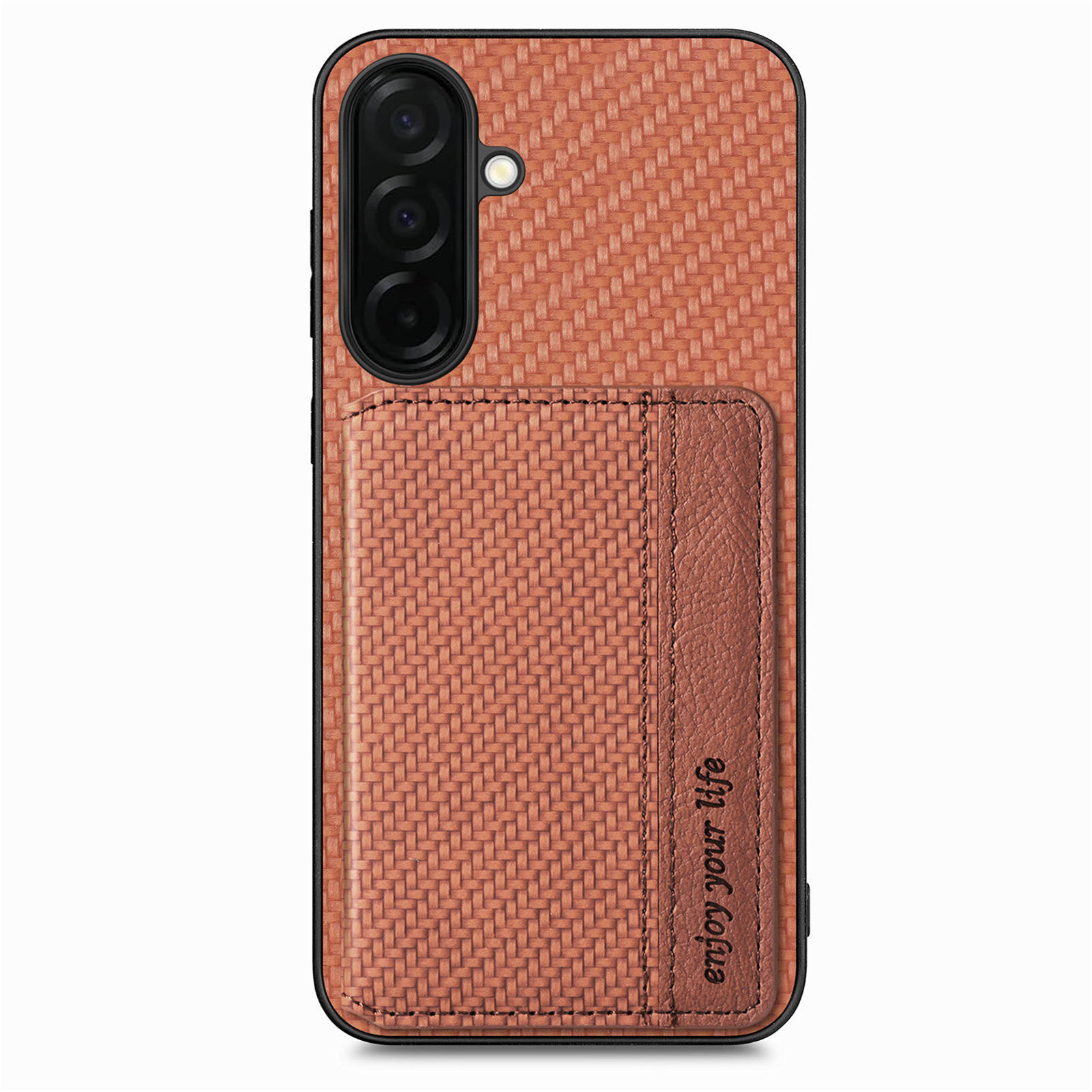 For Samsung Galaxy S26+ Case RFID Blocking Carbon Fiber Leather Phone Back Cover with Card Holder - Brown
