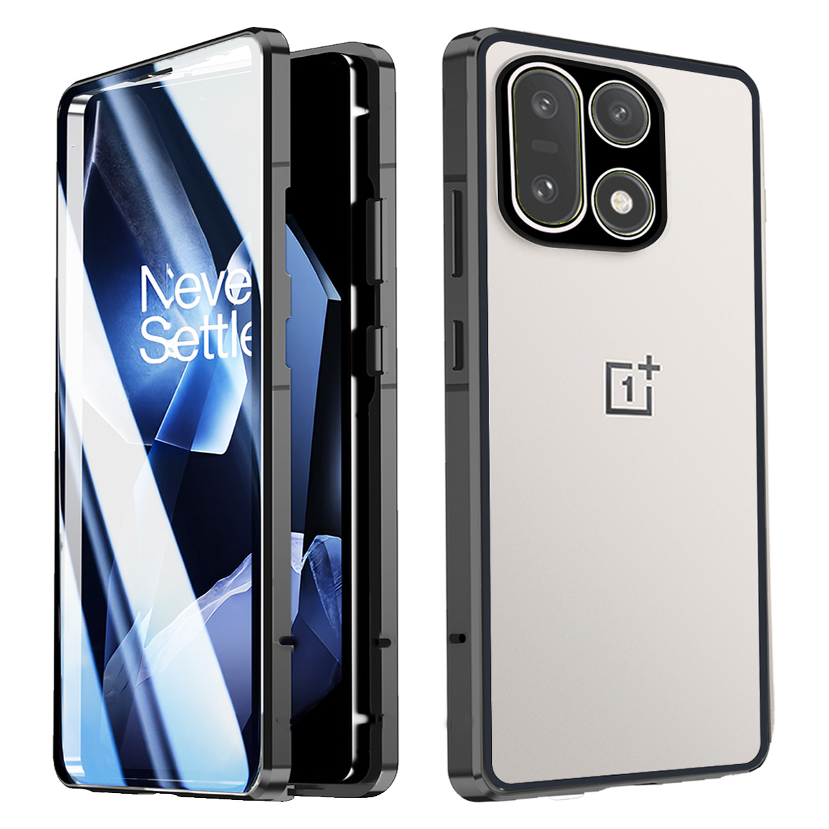 For OnePlus 15 5G Case Double-Sided Tempered Glass Metal Frame Phone Cover with Lens Protector - Black