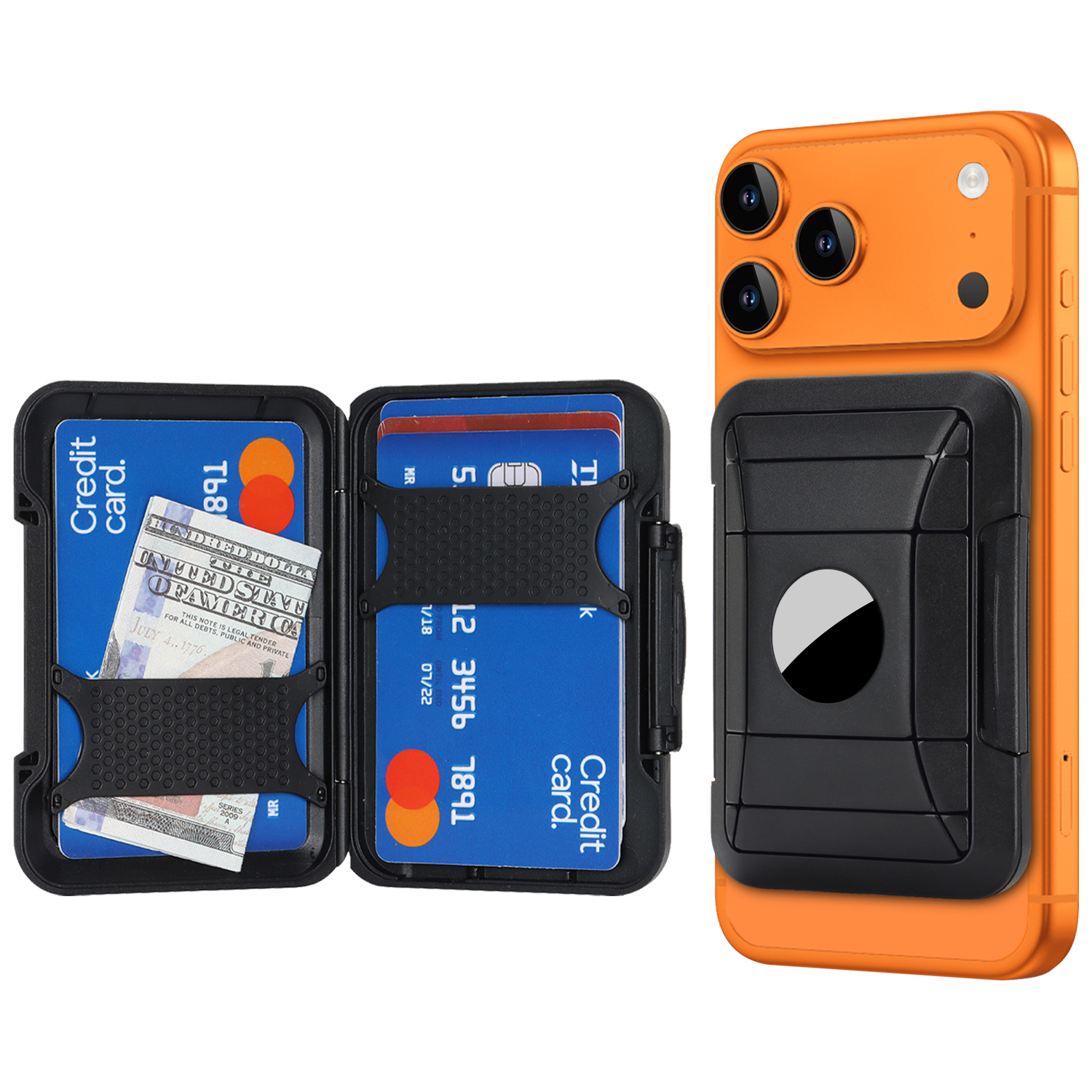 For AirTag Protective Case Phone Back Magnetic Card Holder Wallet - Black