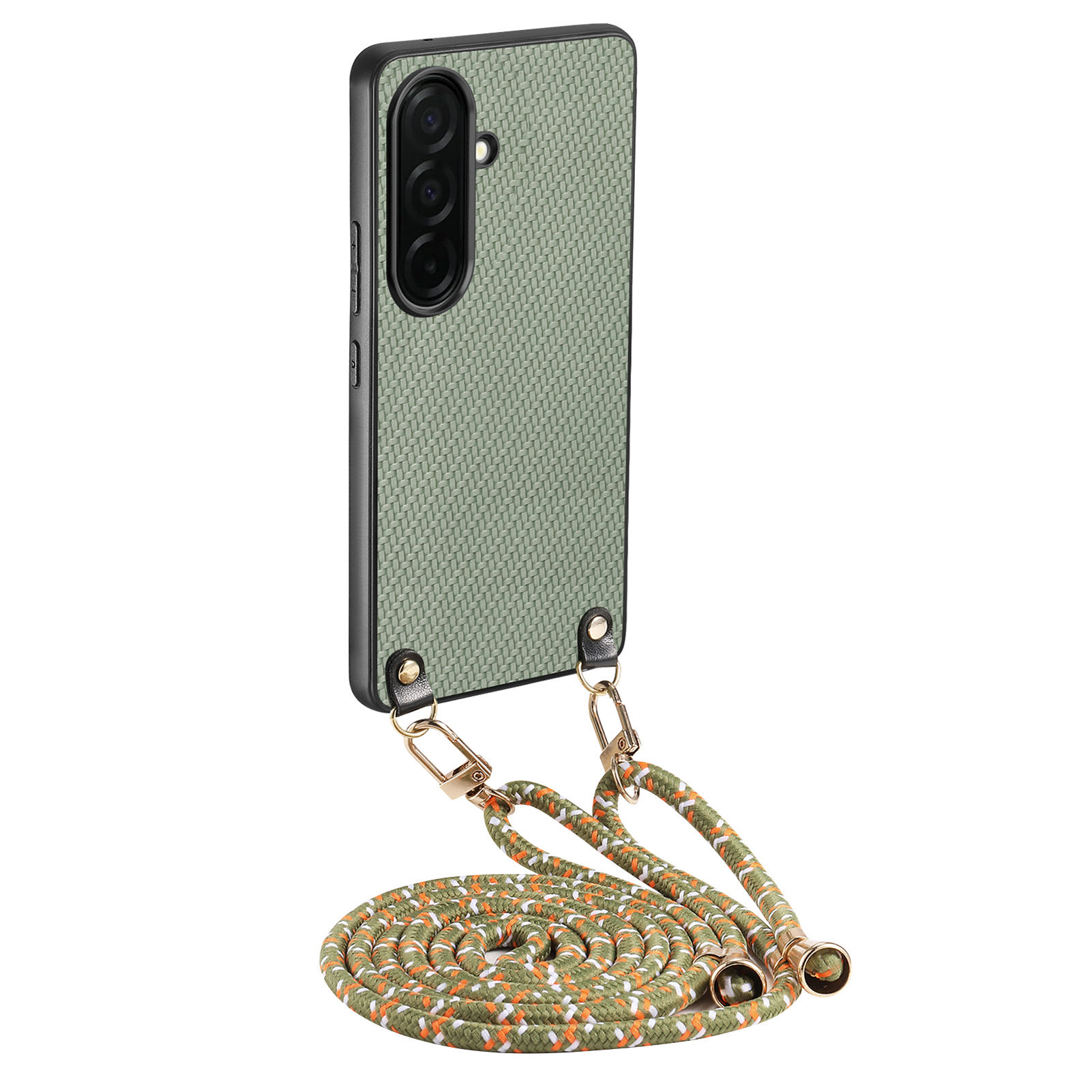 For Samsung Galaxy A37 5G Case Carbon Fiber Texture Hybrid Phone Back Cover with Adjustable Strap - Green