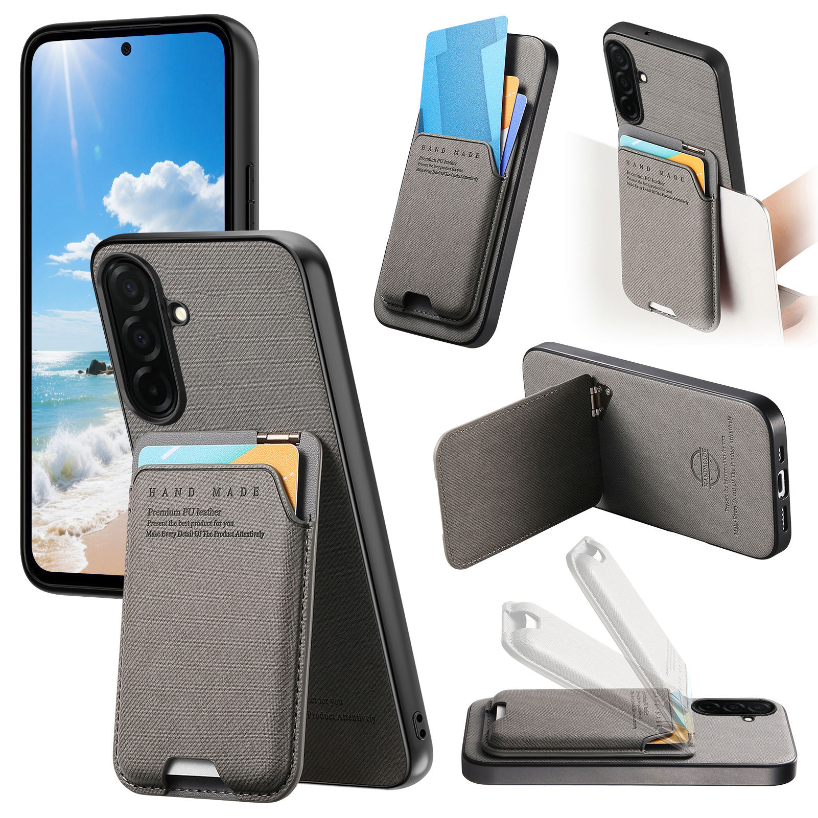 For Samsung Galaxy A57 5G Case Cloth Texture Leather + PC + TPU Phone Cover with Card Holder Kickstand - Grey