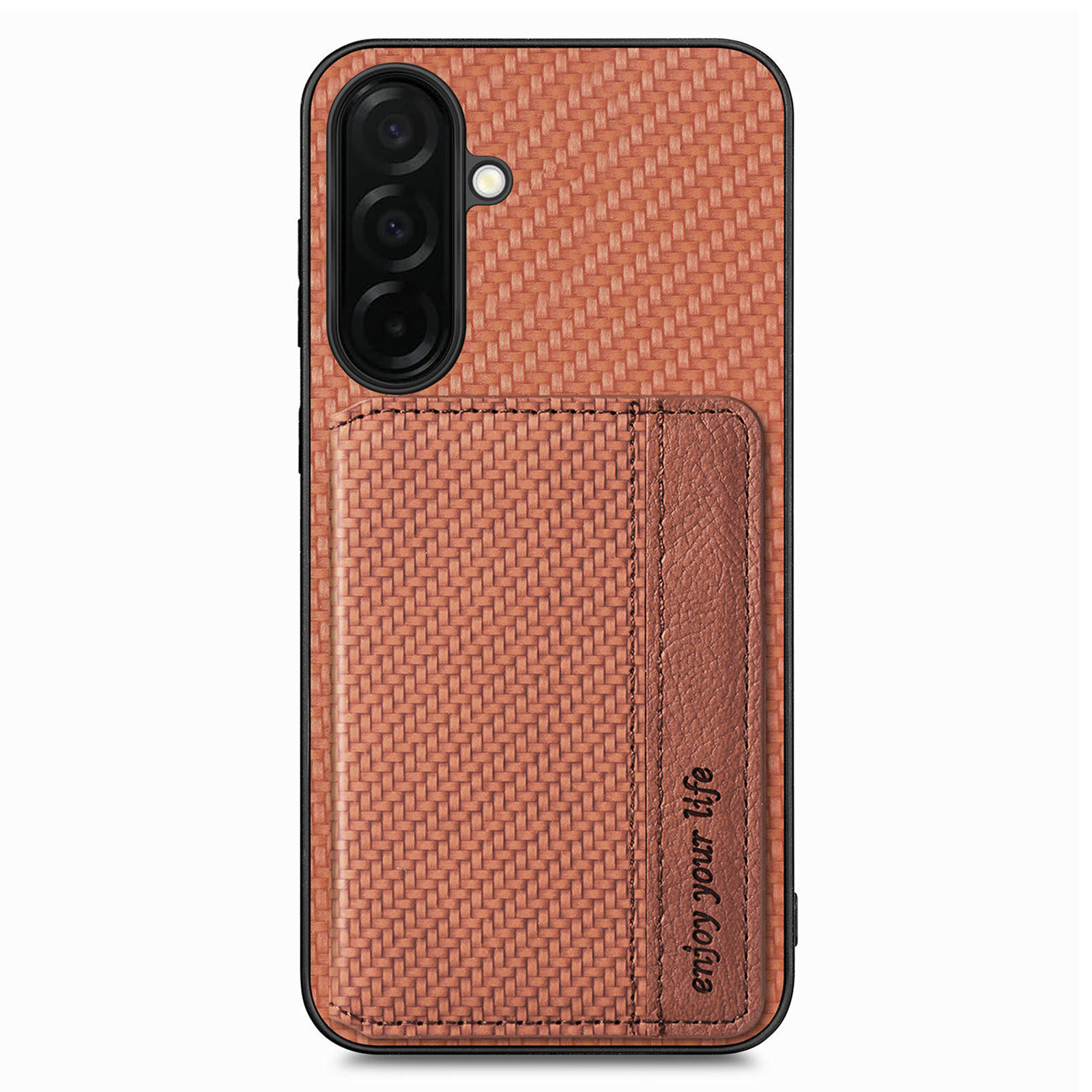 For Samsung Galaxy A57 5G Case RFID Blocking Carbon Fiber Leather Phone Back Cover with Card Holder - Brown