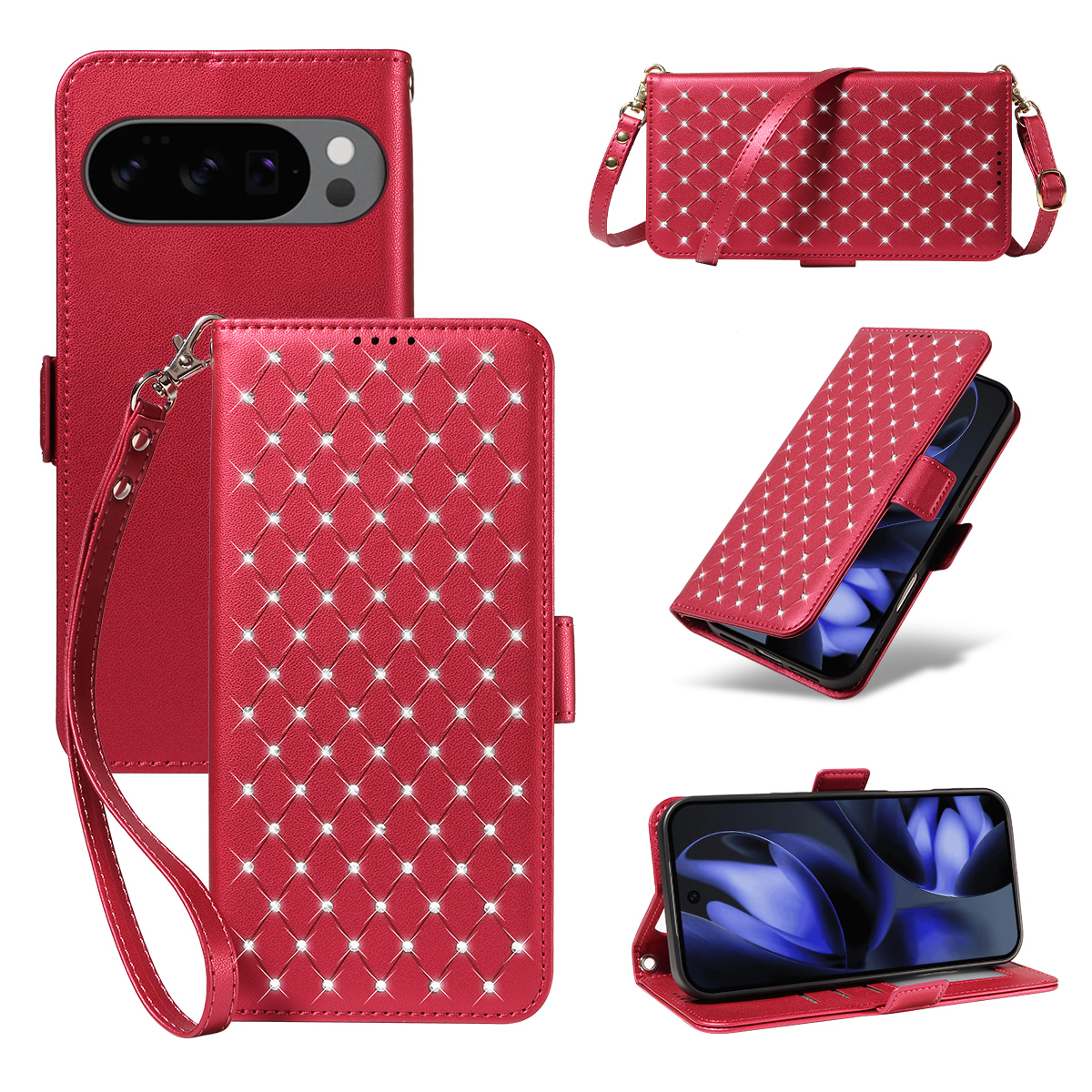 For Google Pixel 9 Pro / Google Pixel 10 / Google Pixel 10 Pro / Google Pixel 9 Leather Case Rhinestone Decor Rhombus Pattern Wallet Stand Flip Phone 