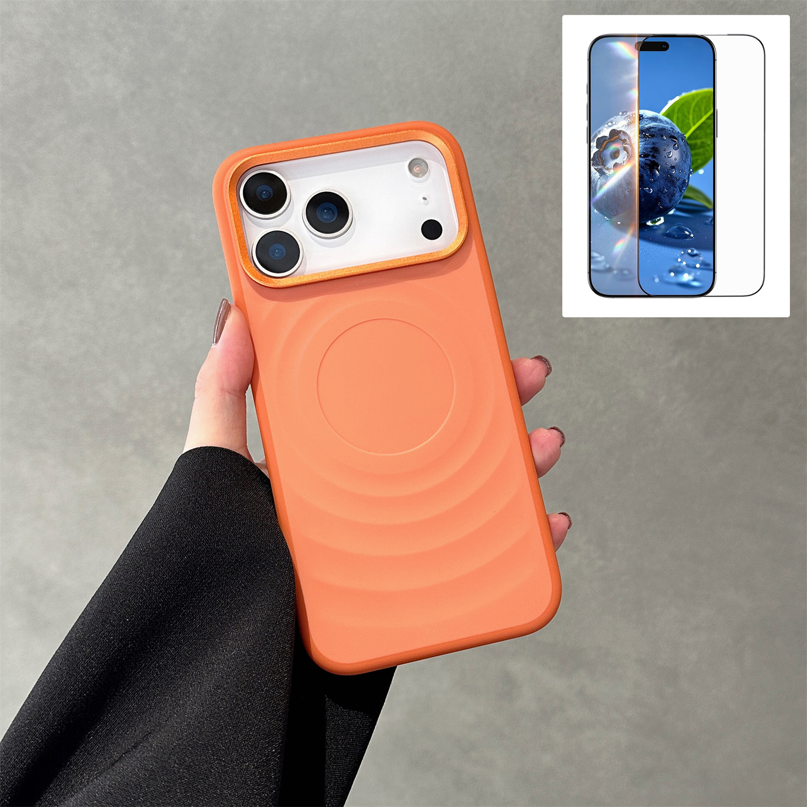 For iPhone 17 Pro Max Magnetic Case Ripple Texture TPU Phone Cover with Tempered Glass Compatible with MagSafe - Orange