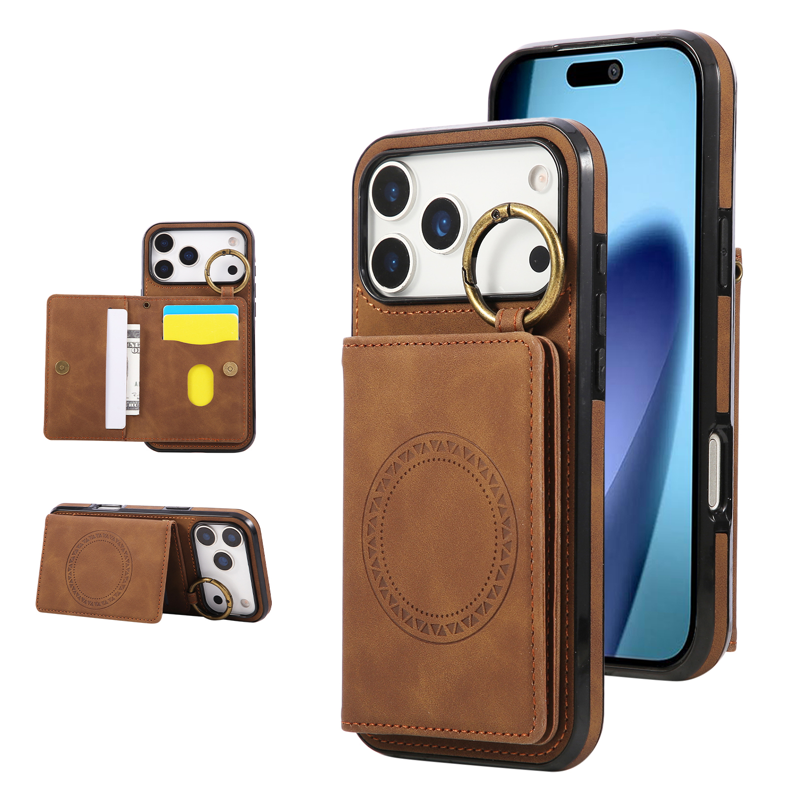 For iPhone 17 Pro Case Card Holder Kickstand Leather + TPU Phone Cover with Ring Holder - Brown