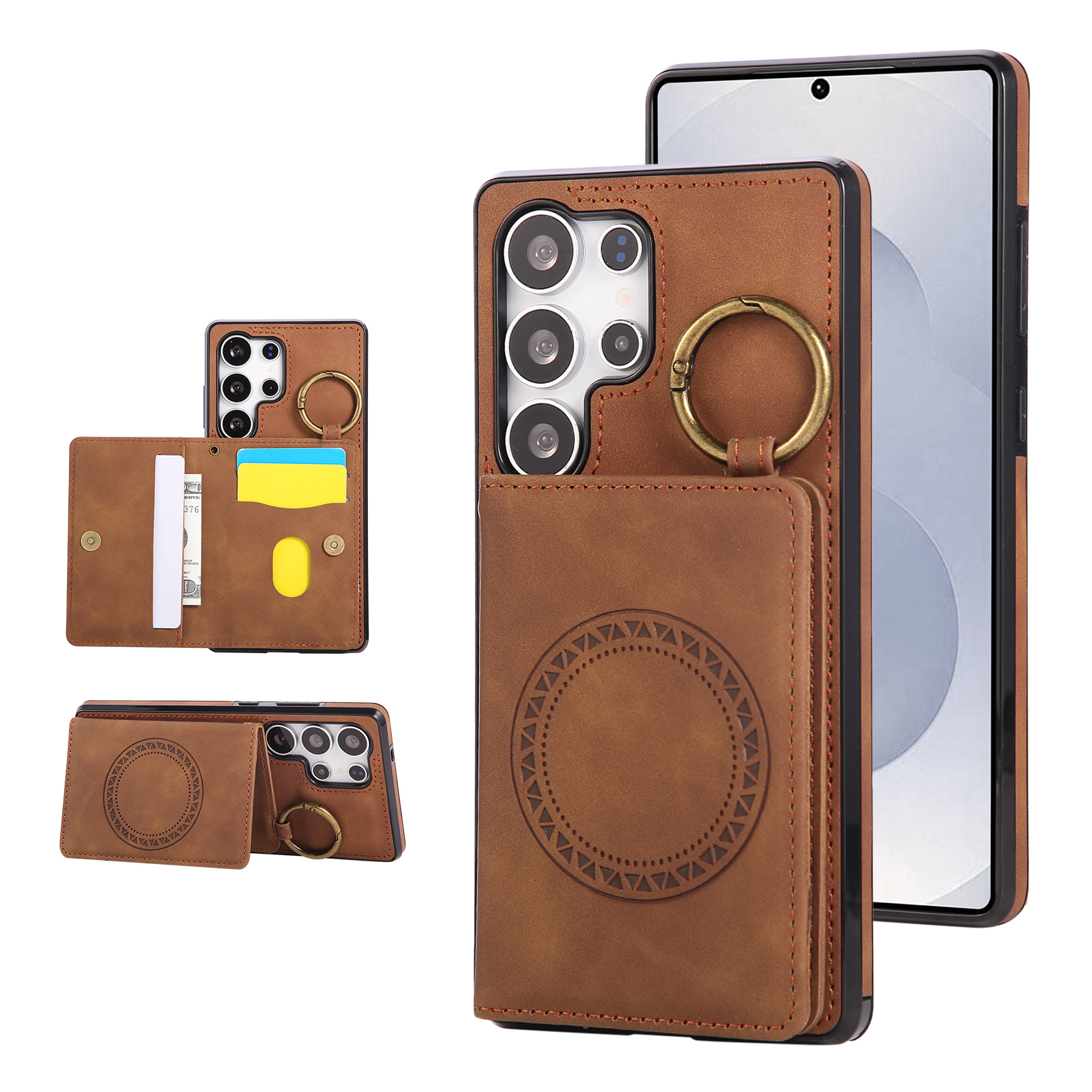 For Samsung Galaxy S26 Ultra Case Card Holder Kickstand Leather + TPU Phone Cover with Ring Holder - Brown