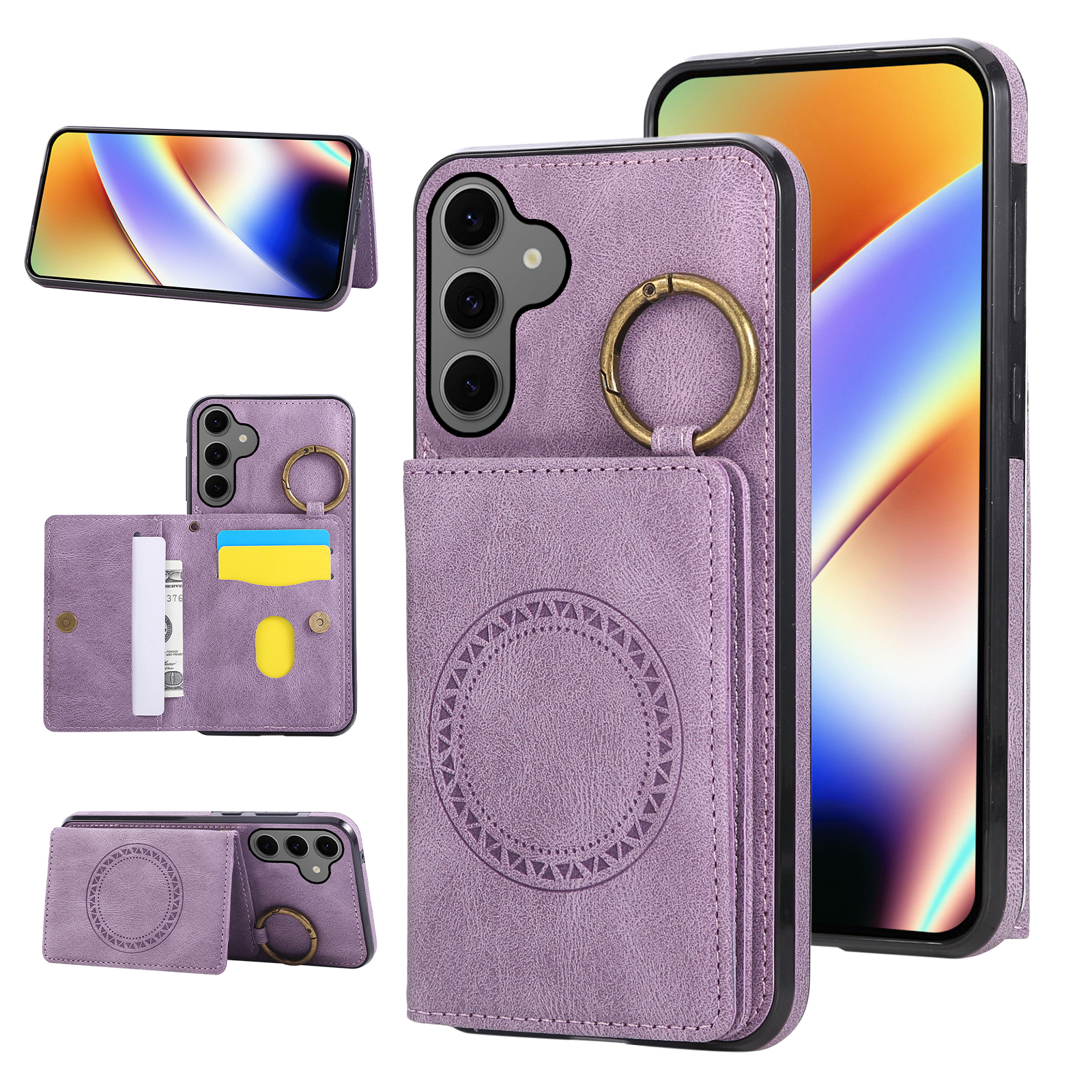 For Samsung Galaxy S26+ Case Card Holder Kickstand Leather + TPU Phone Cover with Ring Holder - Purple