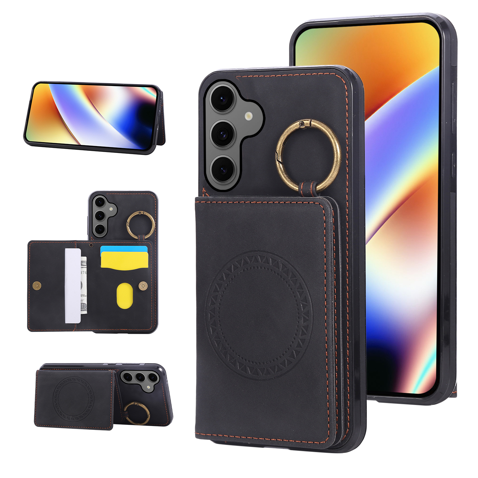 For Samsung Galaxy A37 5G Case Card Holder Kickstand Leather + TPU Phone Cover with Ring Holder - Black