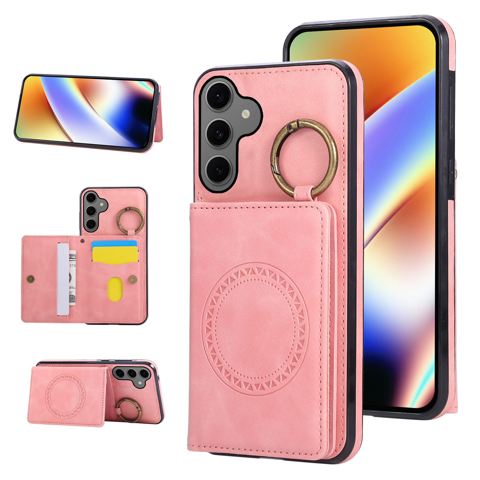 For Samsung Galaxy A57 5G Case Card Holder Kickstand Leather + TPU Phone Cover with Ring Holder - Rose Gold