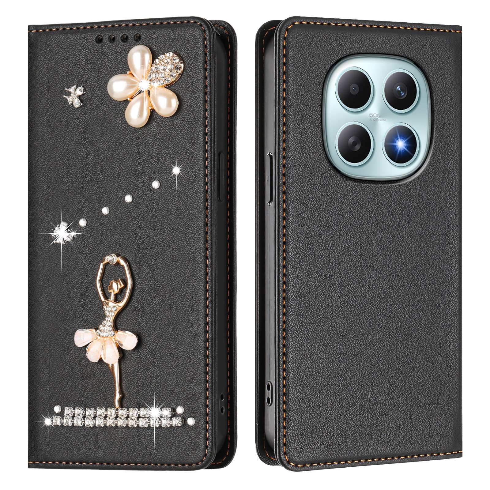 For Xiaomi Redmi Note 15 4G (Global) / Xiaomi Poco M8 5G / Xiaomi Redmi Note 15 5G (Global) Leather Case RFID Blocking Wallet Stand Rhinestones Ballet