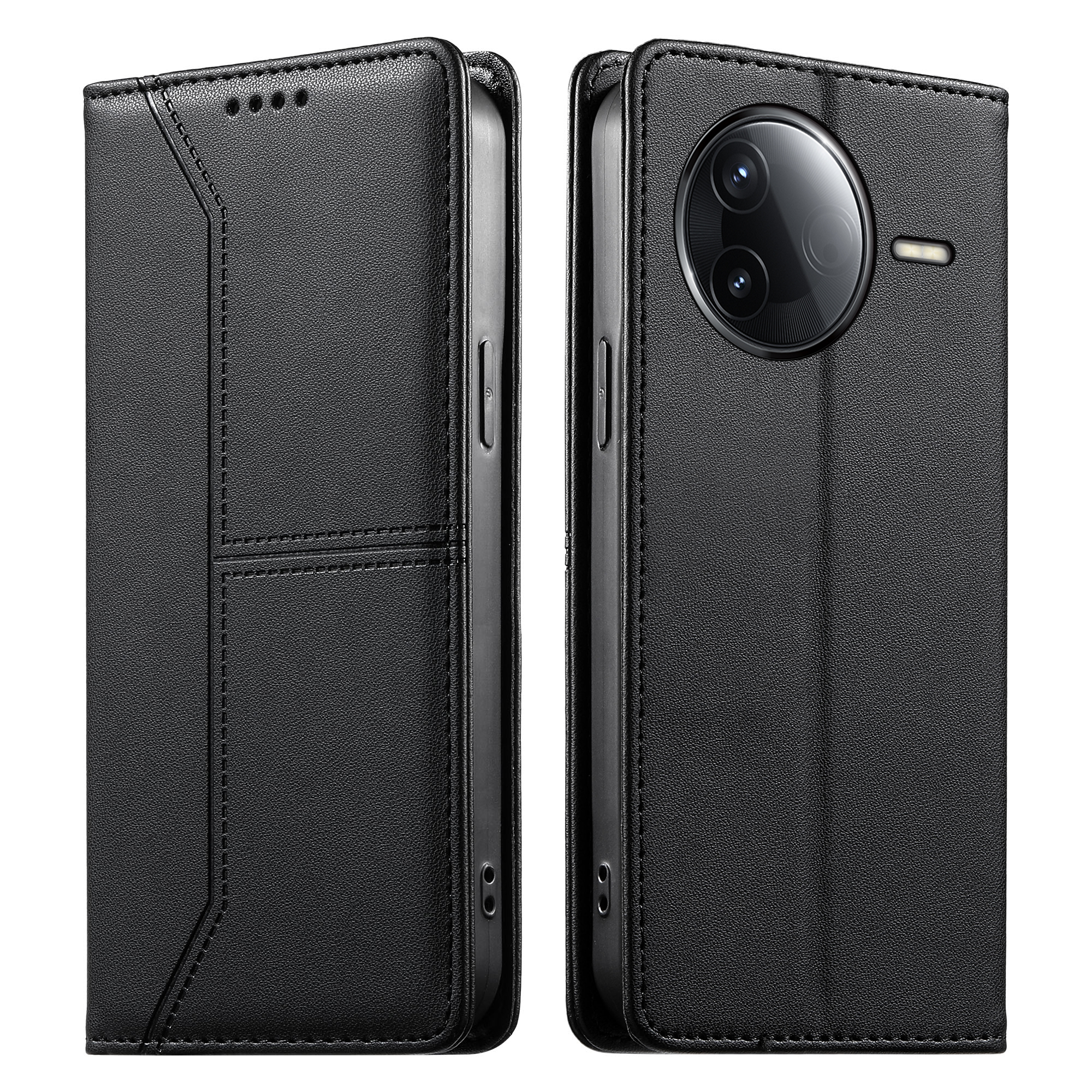 Wallet Stand Case For Xiaomi Redmi K80 5G  /  K80 Pro 5G  /  Poco F7 Pro 5G  /  F7 Ultra 5G Line Splicing TPU PU Leather Phone Cover - Black