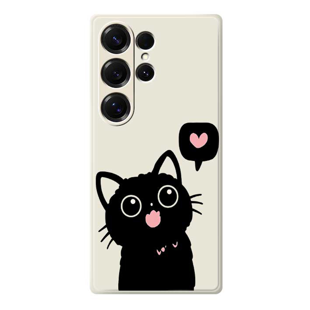 For Samsung Galaxy S26 Ultra Case Love Black Cat Pattern Printing Straight Edge TPU Phone Back Cover - Beige
