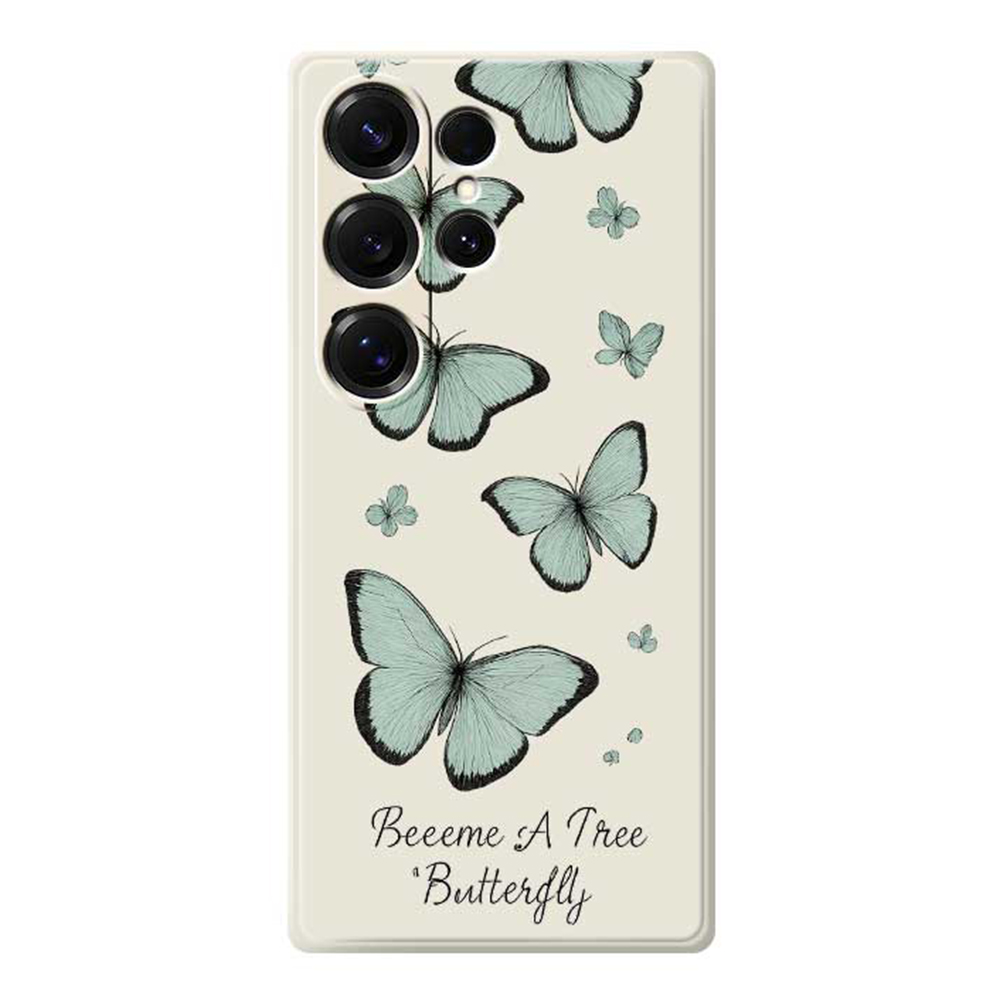 For Samsung Galaxy S26 Ultra Case Green Butterfly Pattern Printing Straight Edge TPU Phone Back Cover - Beige