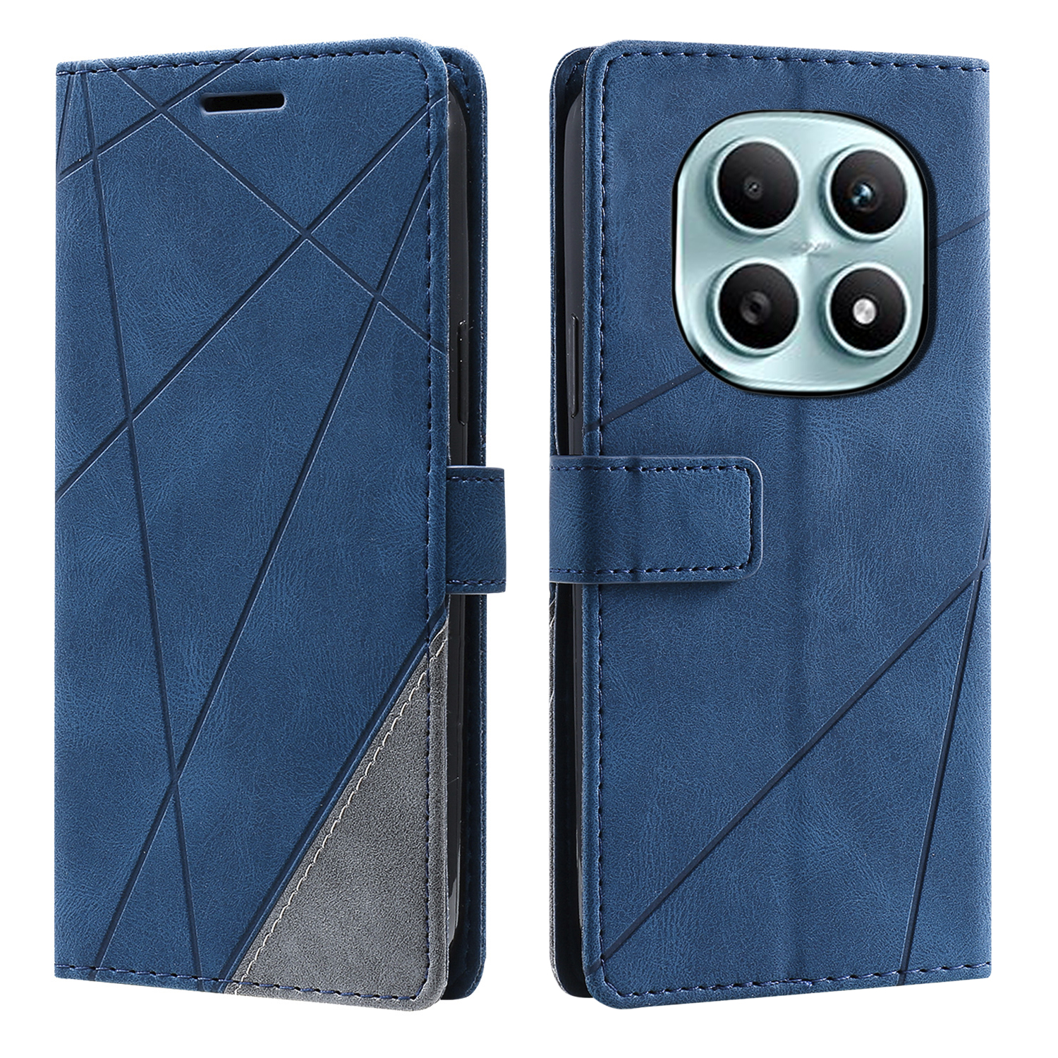 PU Leather Case for Xiaomi Redmi Note 15 5G (Global) / 15 4G (Global) / Poco M8 5G Imprinted Lines Splicing Wallet Phone Cover - Blue