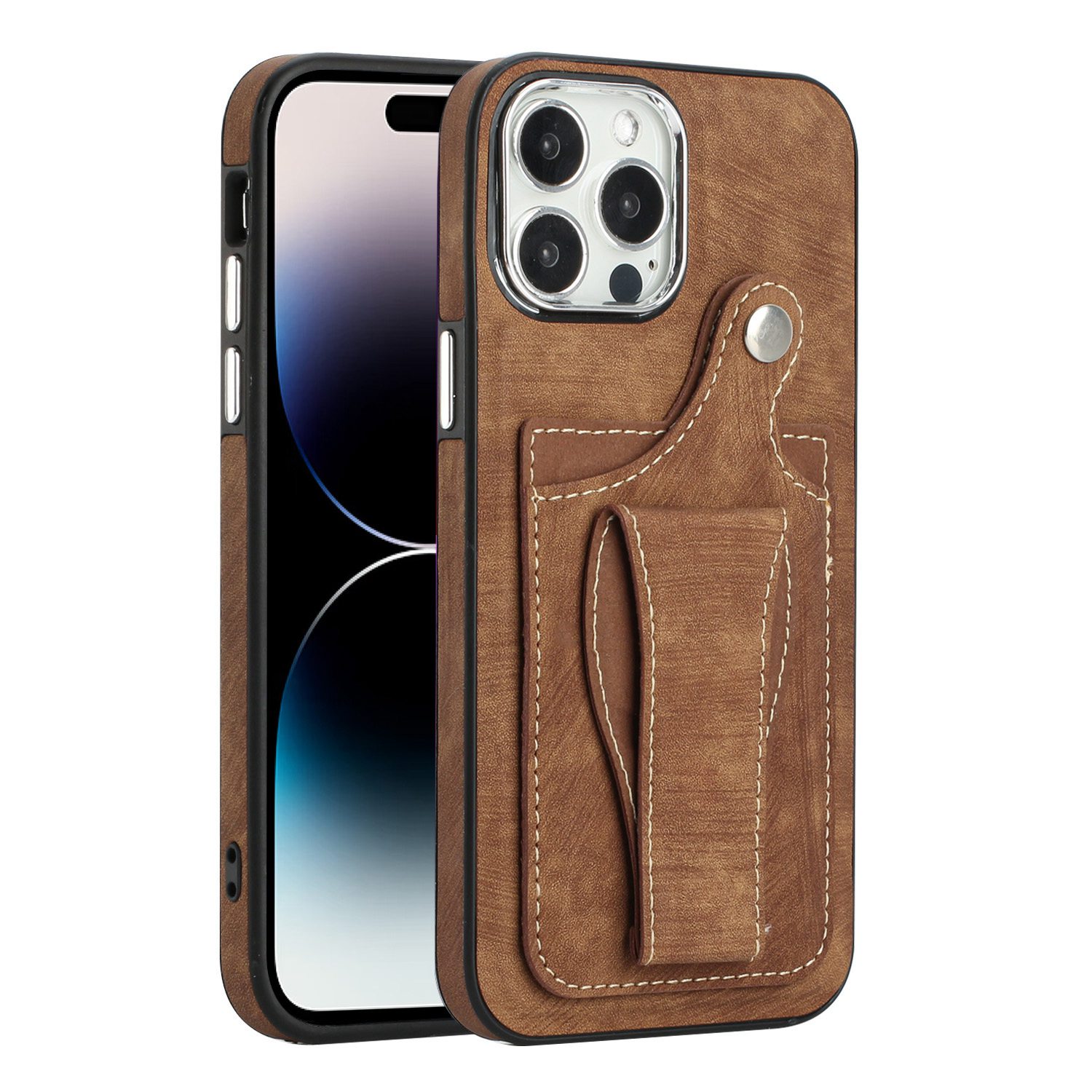 

Для Iphone 14 Pro Rotary Kickstend Pleash Case Держатель Карты Карты PU - Коричневый, iPhone 14 Pro
