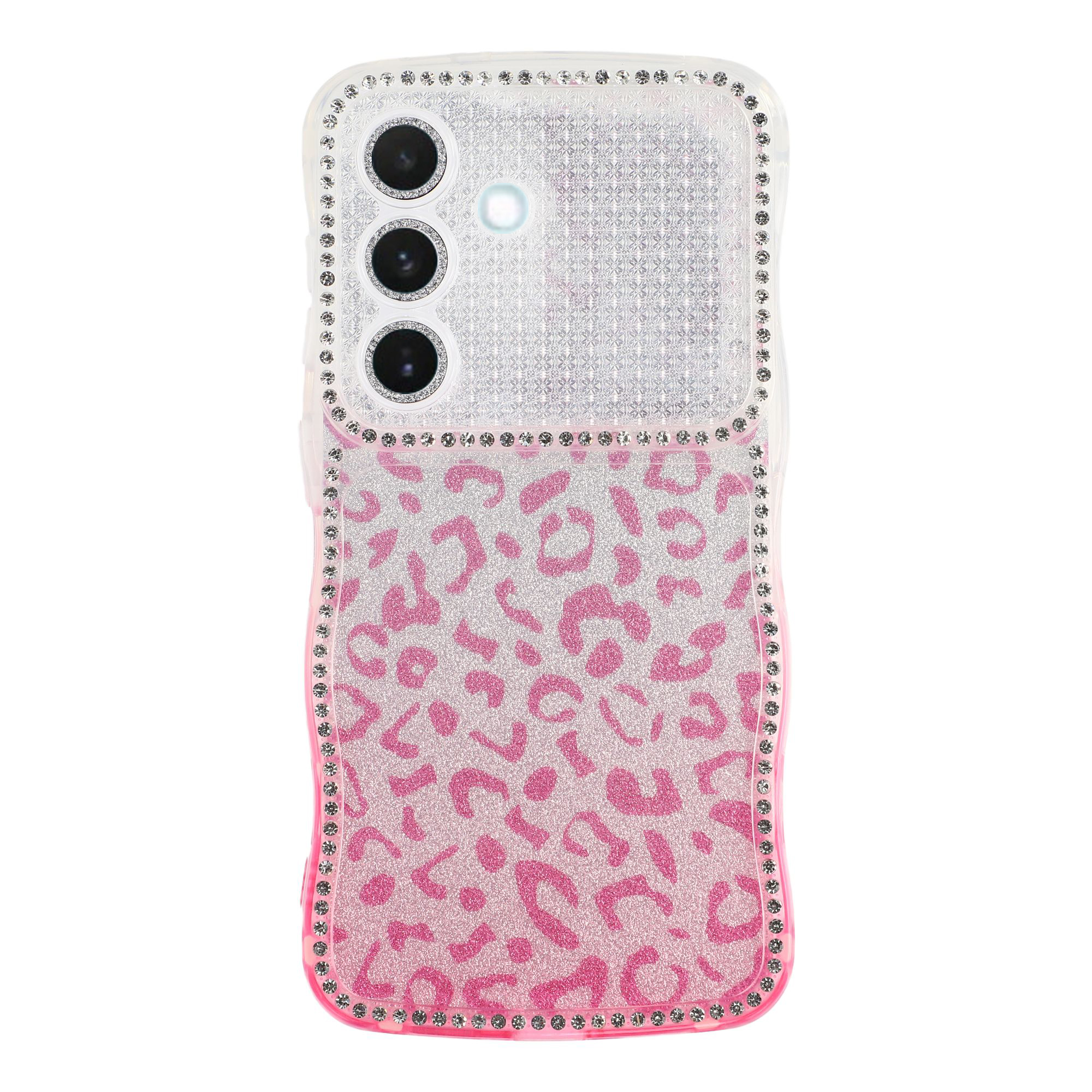 For Samsung Galaxy S26 Case Rhinestone Decor Wave Frame TPU Phone Cover with Leopard Print Glitter Card  /  Lens Film - Gradient Pink