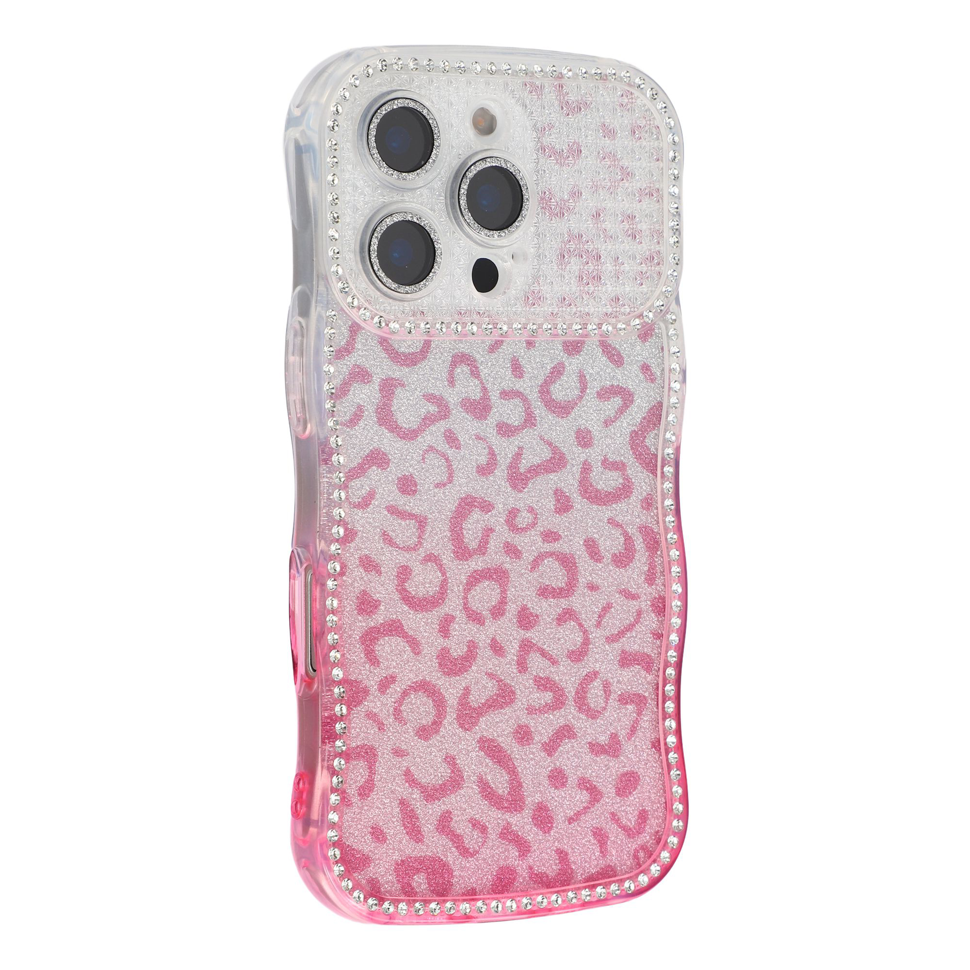 For iPhone 16 Pro Case Rhinestone Decor Wave Frame TPU Phone Cover with Leopard Print Glitter Card  /  Lens Film - Gradient Pink