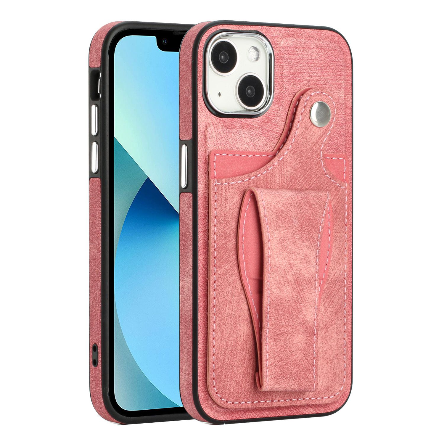 

Корпус Сотового Телефона Для Iphone 13 6,1 Дюйма, Ротационная Кик-стена, Кожаная Кожа+держатель Карты Tpu Против Царапин - Розовый, iPhone 13