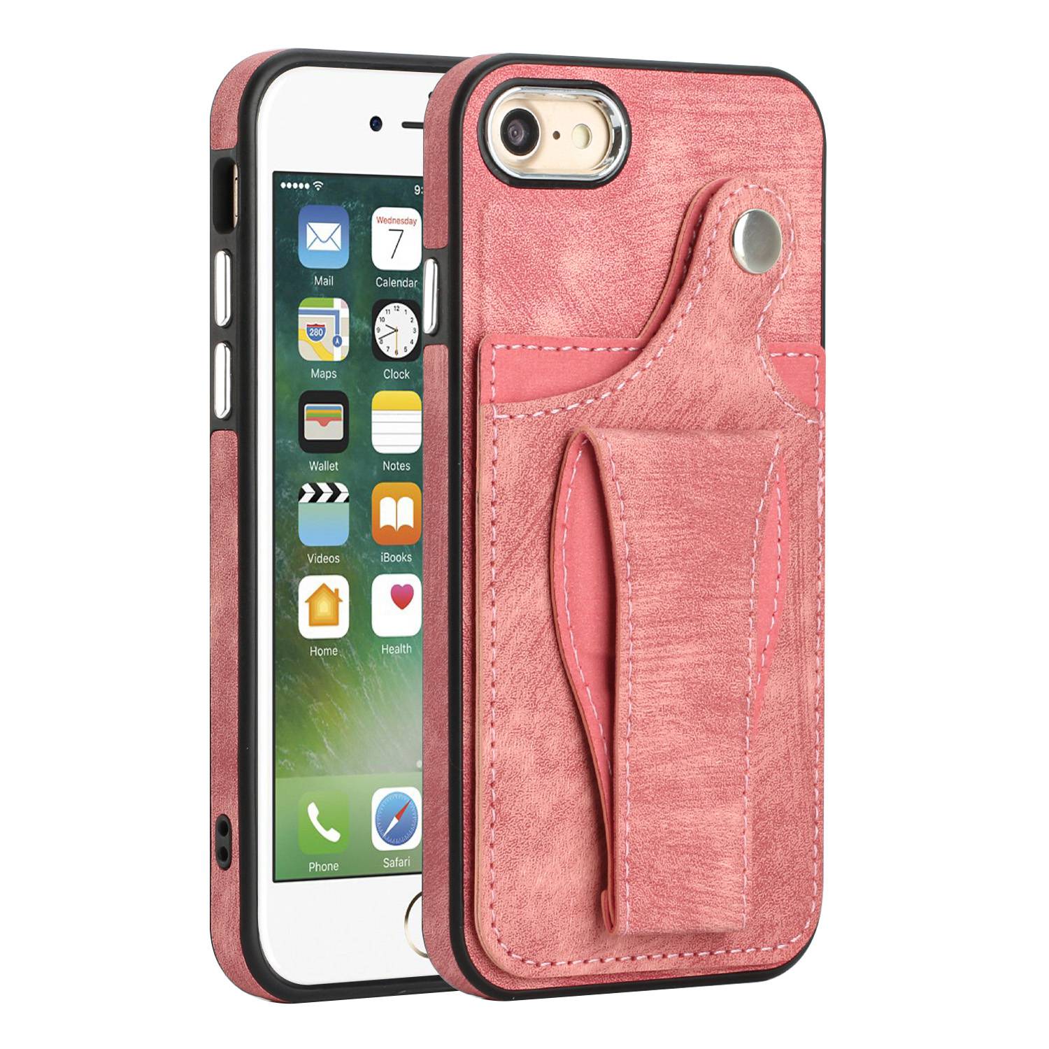 

For iPhone 7 / 8 4.7 inch / SE (2020) / SE (2022) 360 Degree Rotation Kickstand Card Holder Phone Case Anti-drop PU Leather Coated TPU Cover - Pink, iPhone 7 4.7 inch